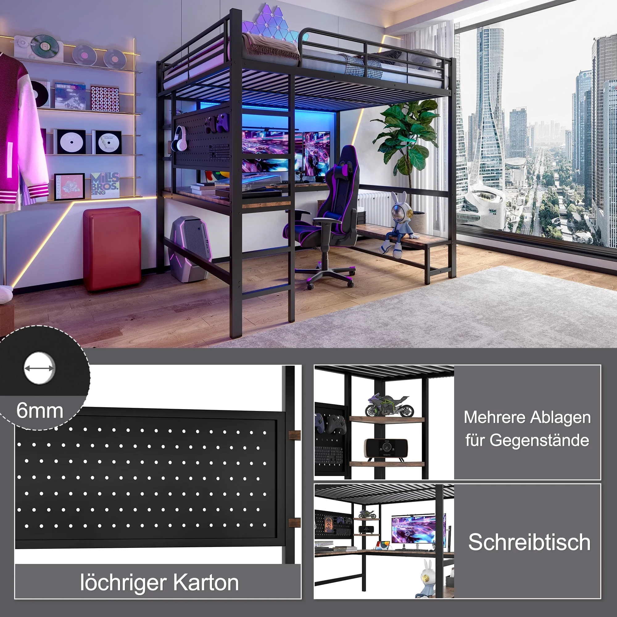 Loft Bed with Desk, USB Sockets, LED Strip and Pegboard, Black Metal Frame - Image 2