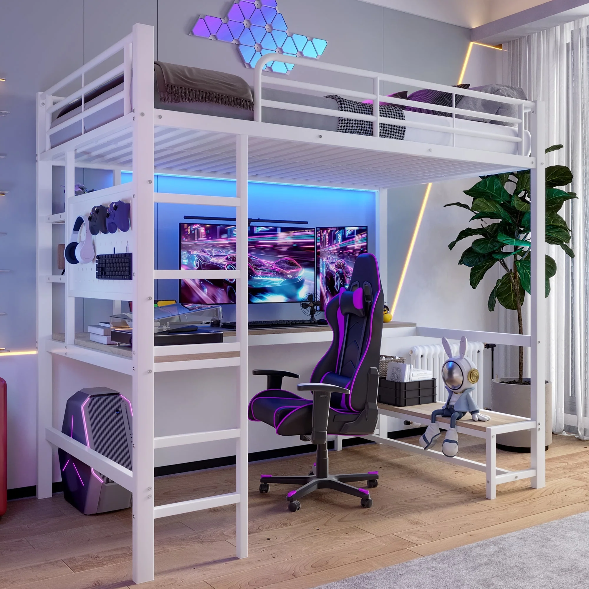Loft Bed with Desk, USB Sockets, LED Strip and Pegboard, White Metal Frame - Image 6