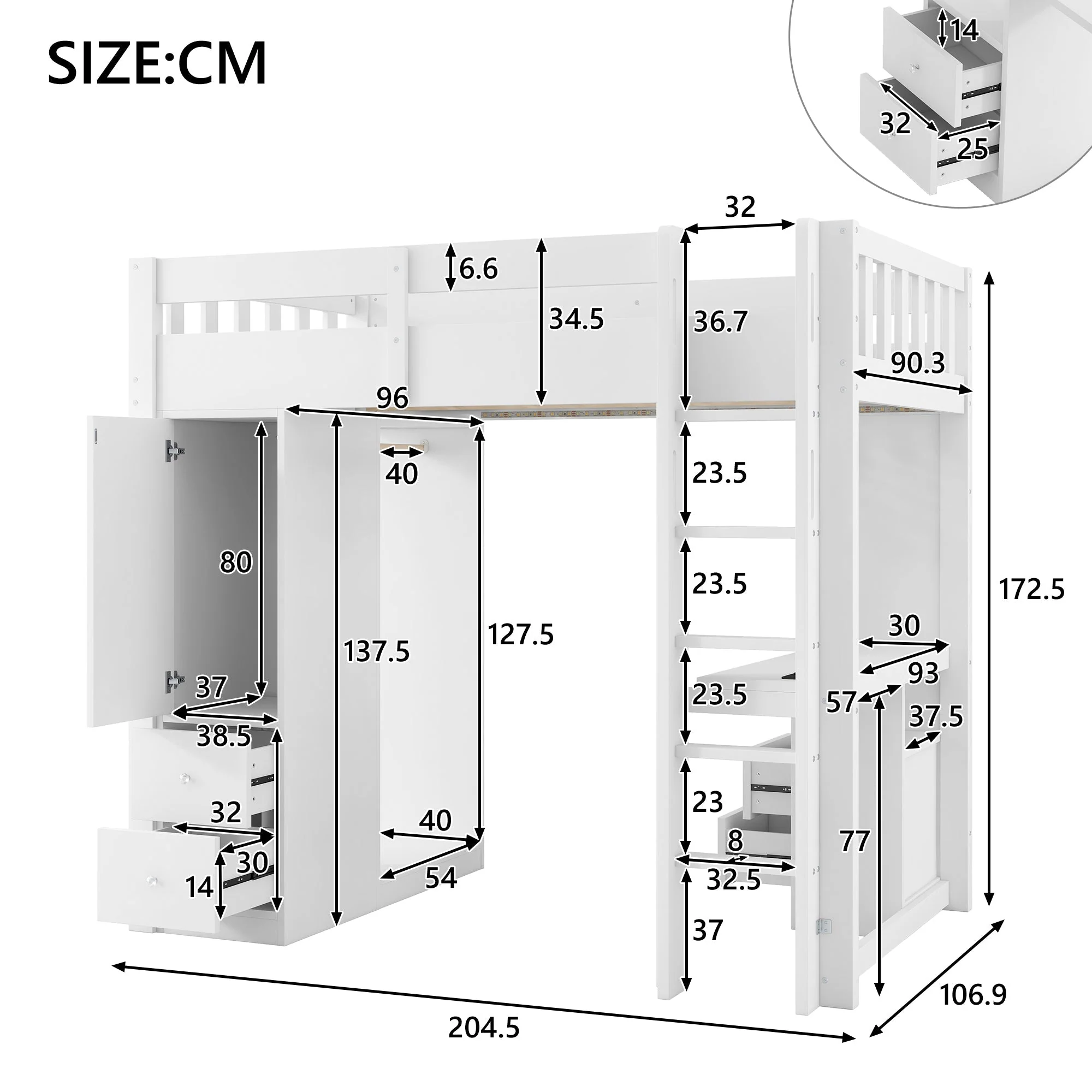 Loft Bed with Desk, Wardrobe, 4 Drawers, LED and USB, 90x200cm, White - Image 6