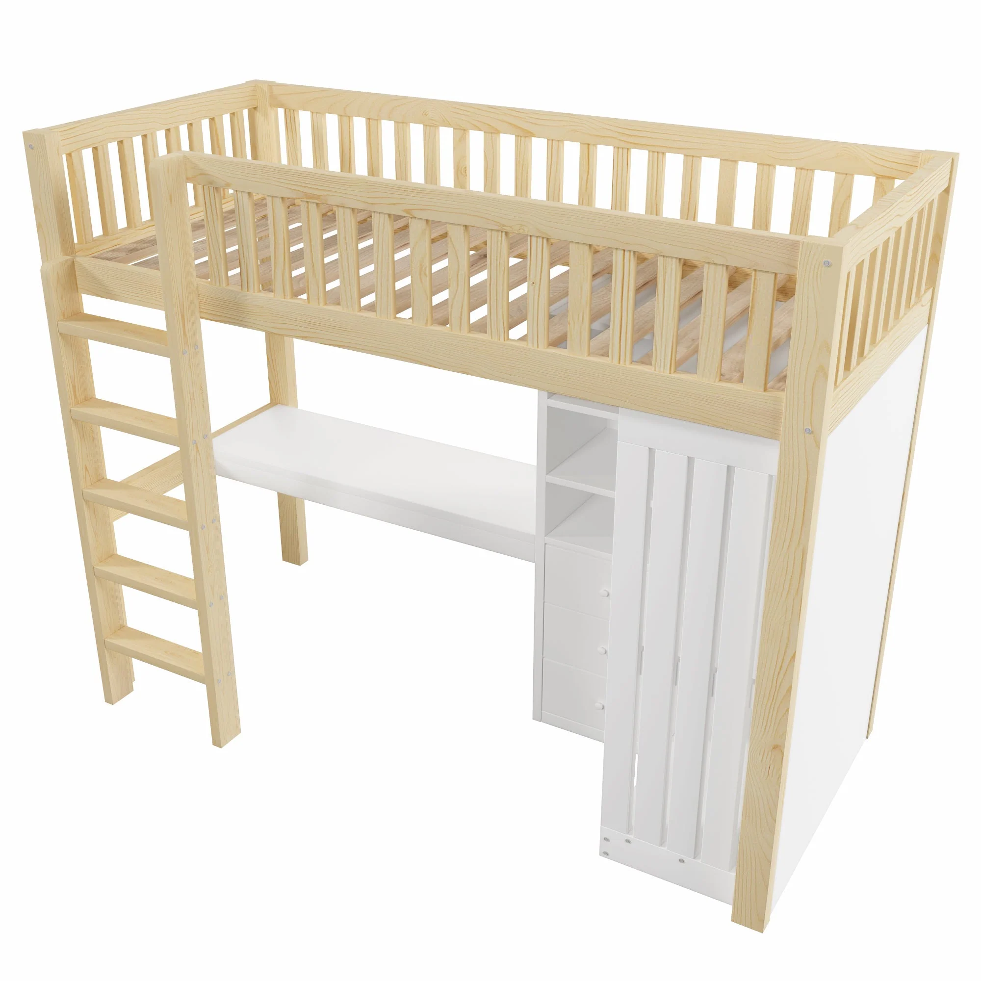 Loft Bed with Desk, Wardrobe and 3 Drawers, Natural - Image 10