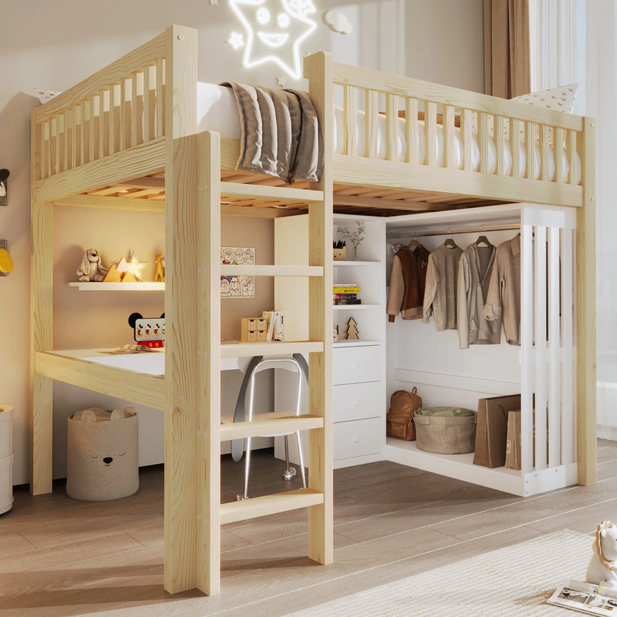 Loft Bed with Desk, Wardrobe and 3 Drawers, Natural - Image 11
