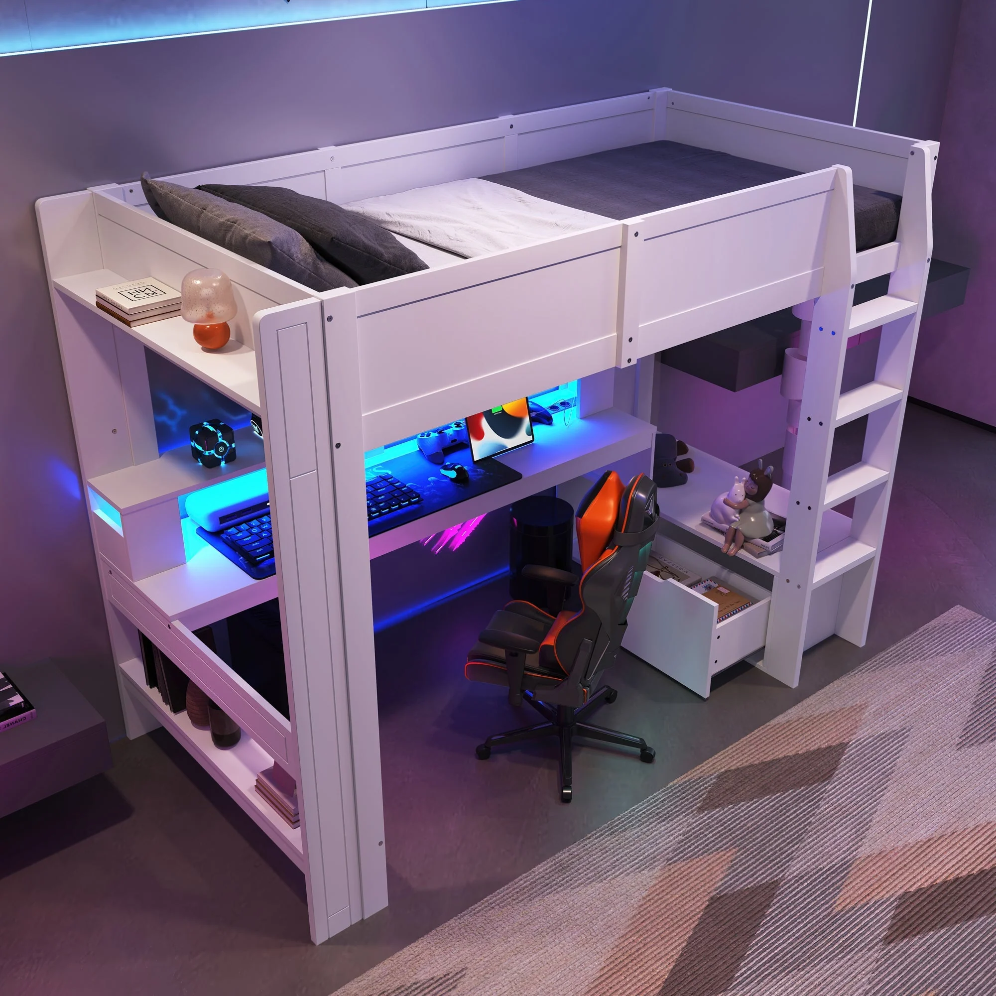 Loft Bed with Gaming Desk, LED Lights and Storage Shelves, White - Image 3