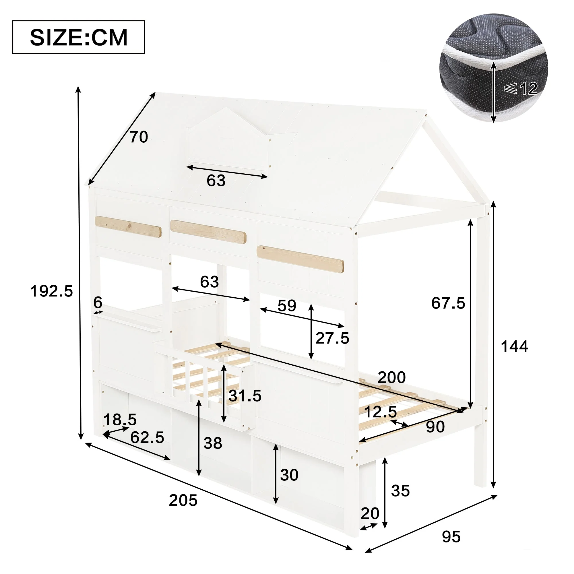 Loft Bed with House-Shaped Design, Bookshelf and Slatted Base, 90x200cm, White Pine + MDF - Image 7