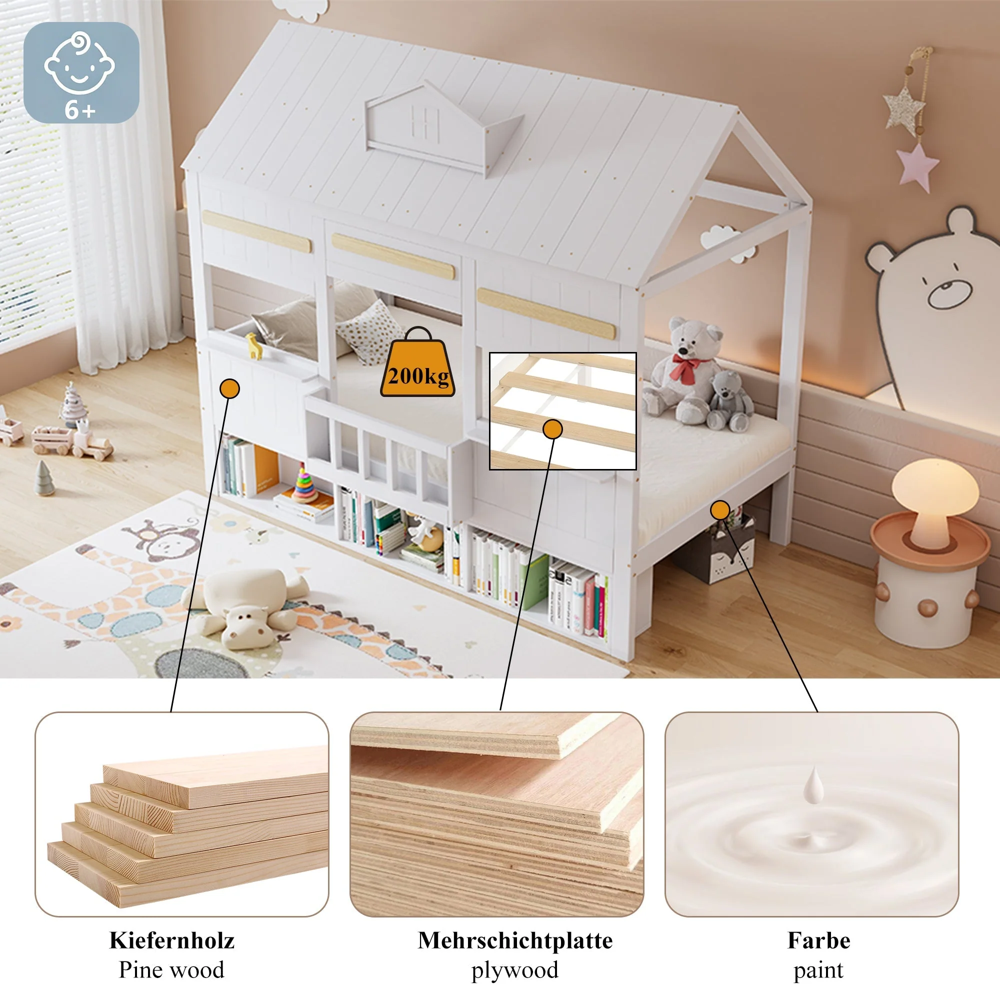 Loft Bed with House-Shaped Design, Bookshelf and Slatted Base, 90x200cm, White Pine + MDF - Image 8