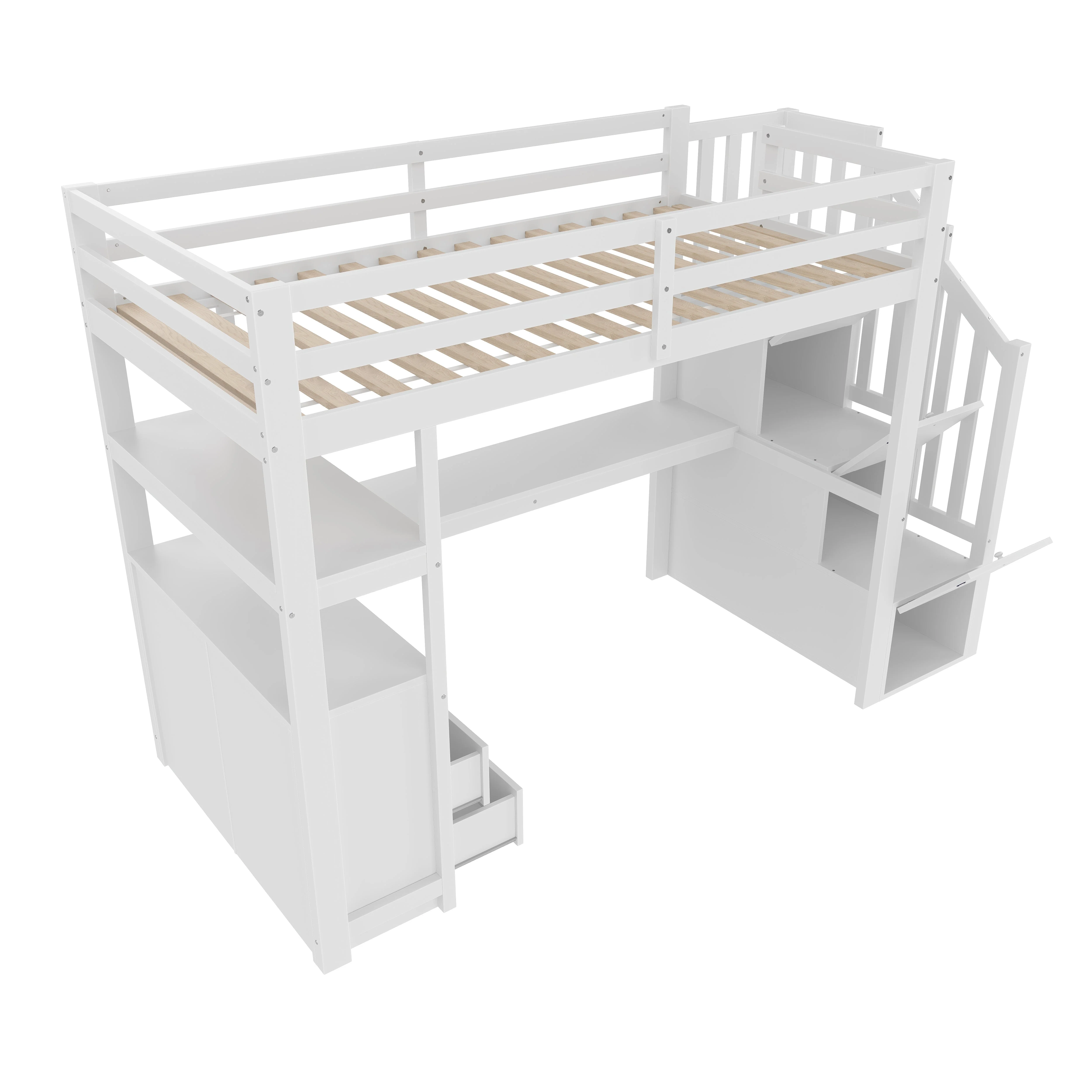 Loft Bed with Integrated Desk and Storage Ladder, 90x200cm, White - Image 10