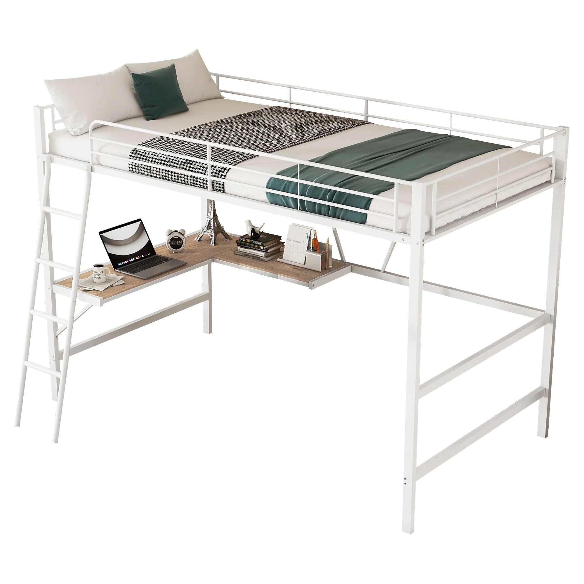 Loft Bed with L-Shaped Desk and Shelf, 90x200cm Metal Frame, White - Image 4