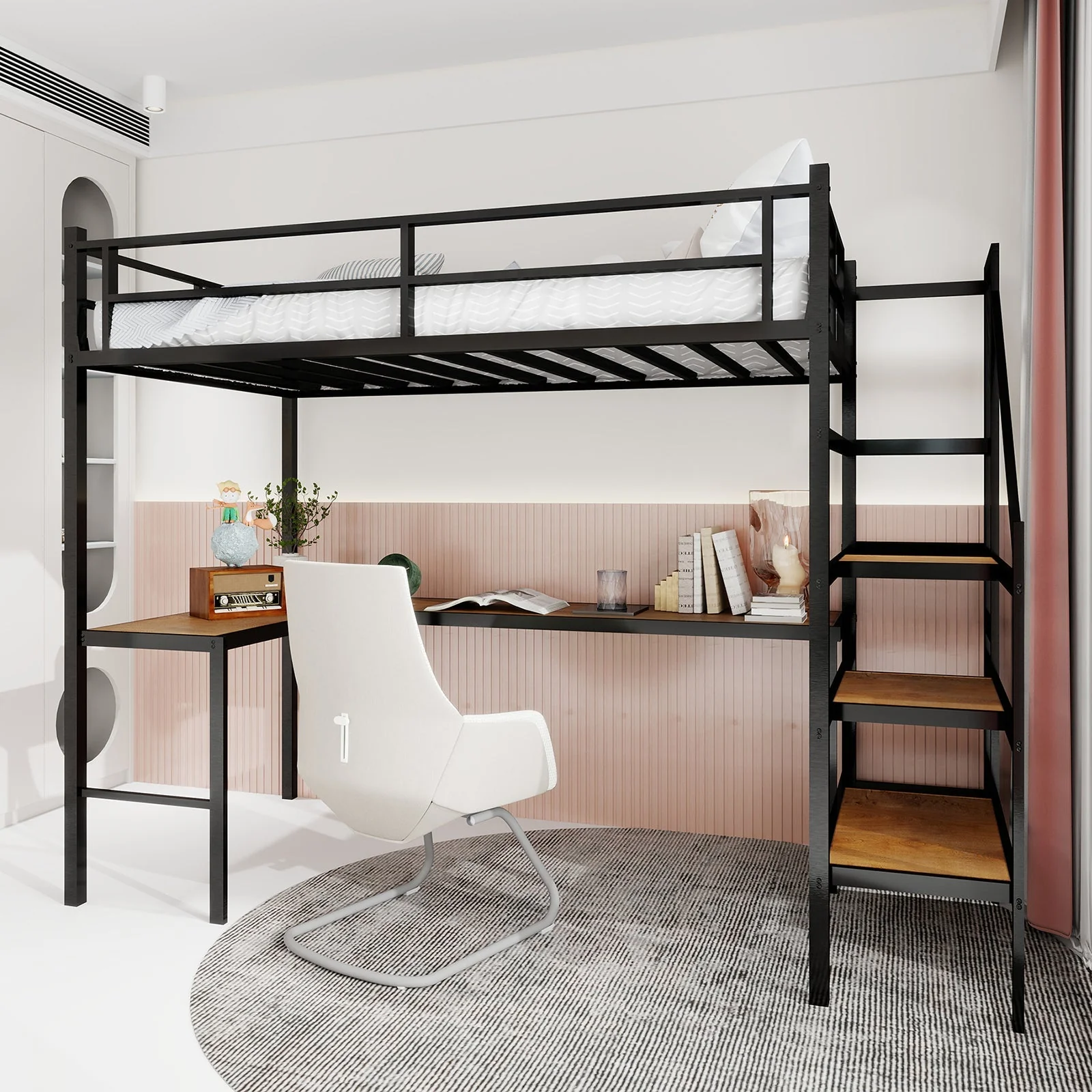 Loft Bed with L-shaped Desk, Storage & Stairs, Sturdy Metal - Image 3