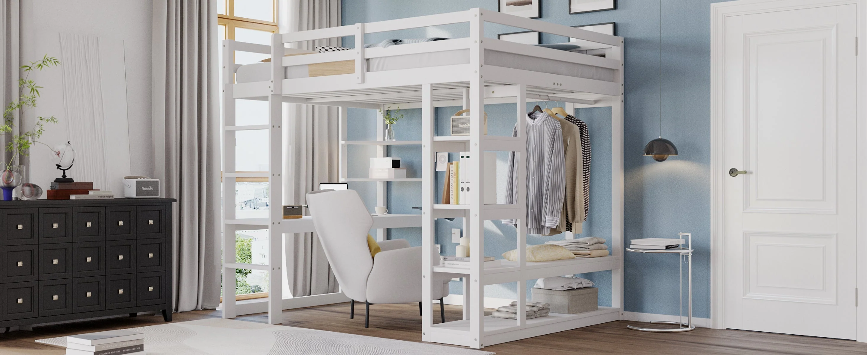 Loft Bed with Ladder, 140x200cm, Table, Shelves, Solid Wood White - Image 7