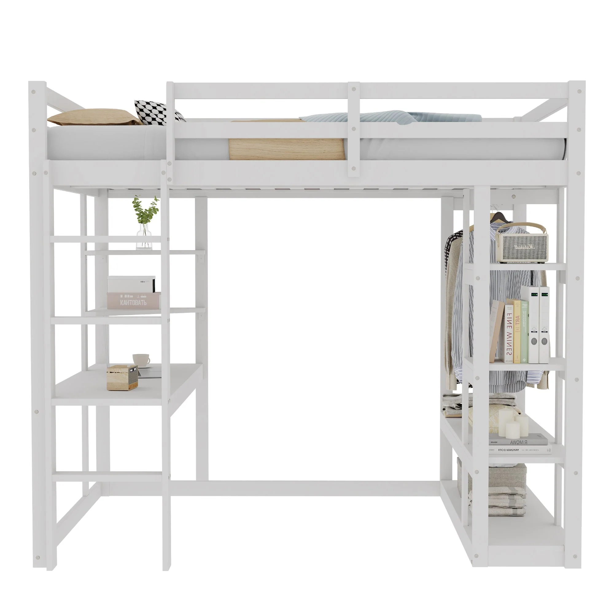 Loft Bed with Ladder, 140x200cm, Table, Shelves, Solid Wood White - Image 8