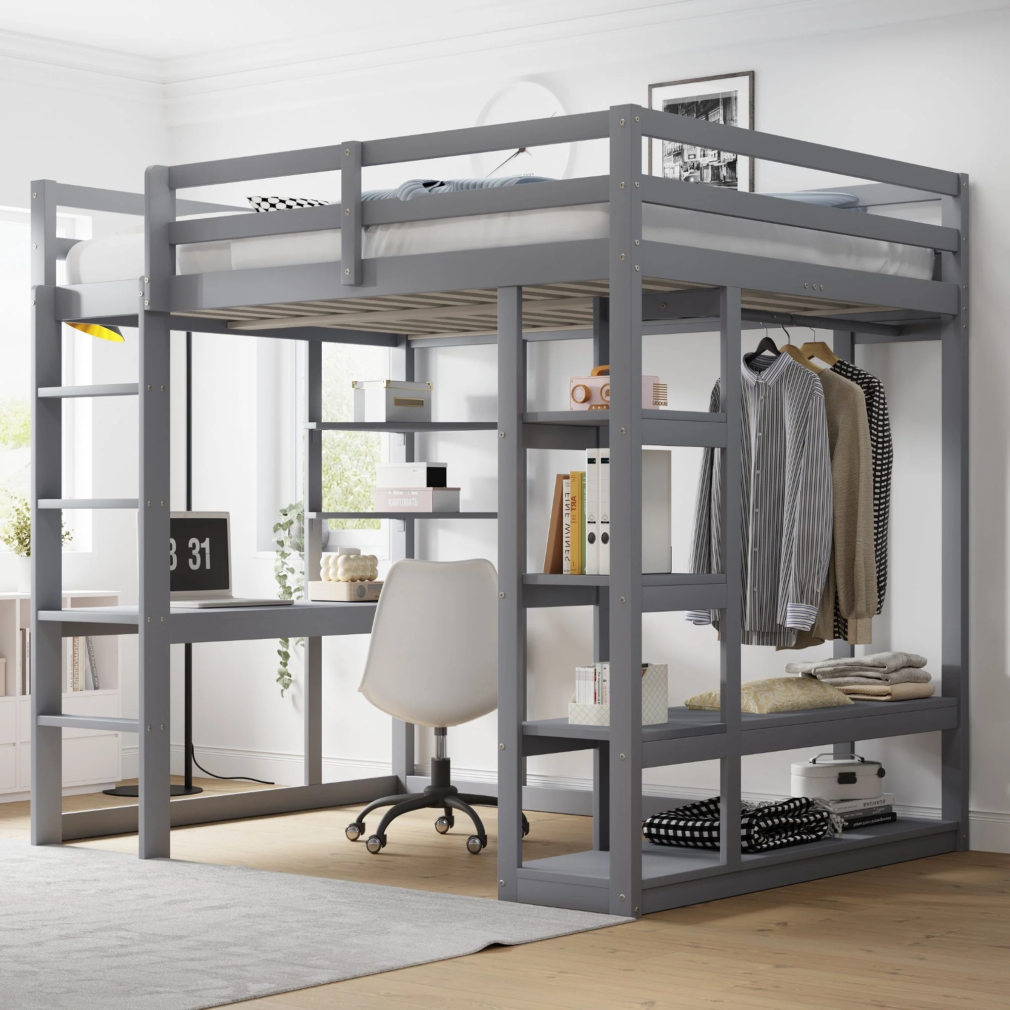 Loft Bed with Ladder, Table & Shelves, 140x200 cm, Solid Wood Grey - Image 3