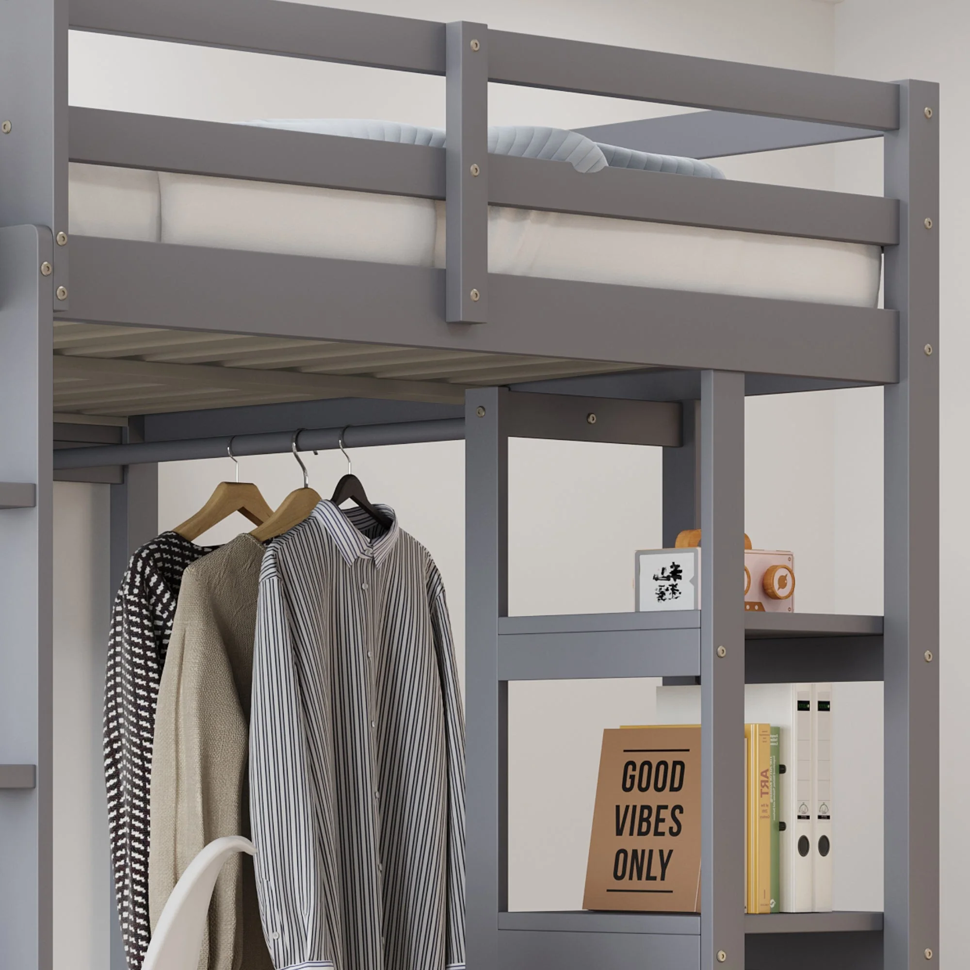 Loft Bed with Ladder, Table & Shelves, 140x200 cm, Solid Wood Grey - Image 4