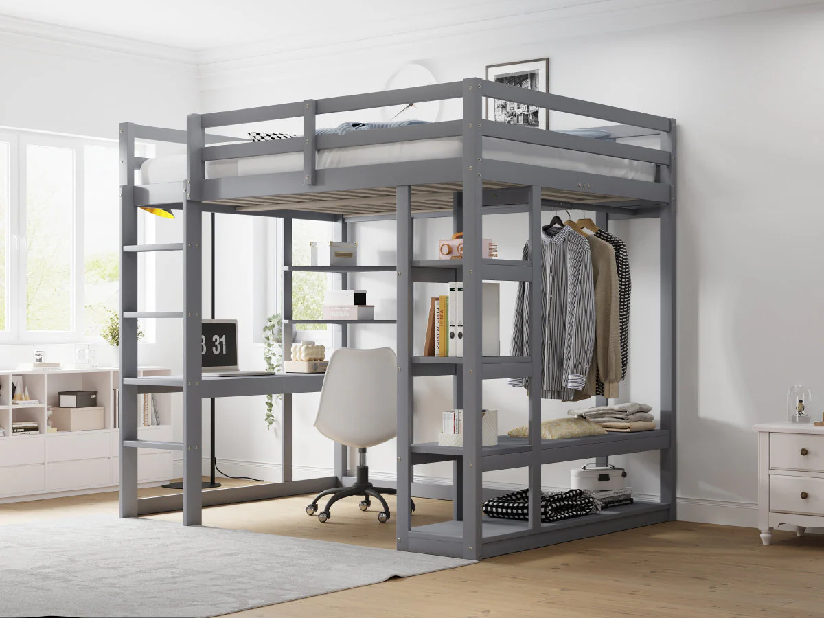 Loft Bed with Ladder, Table & Shelves, 140x200 cm, Solid Wood Grey - Image 6