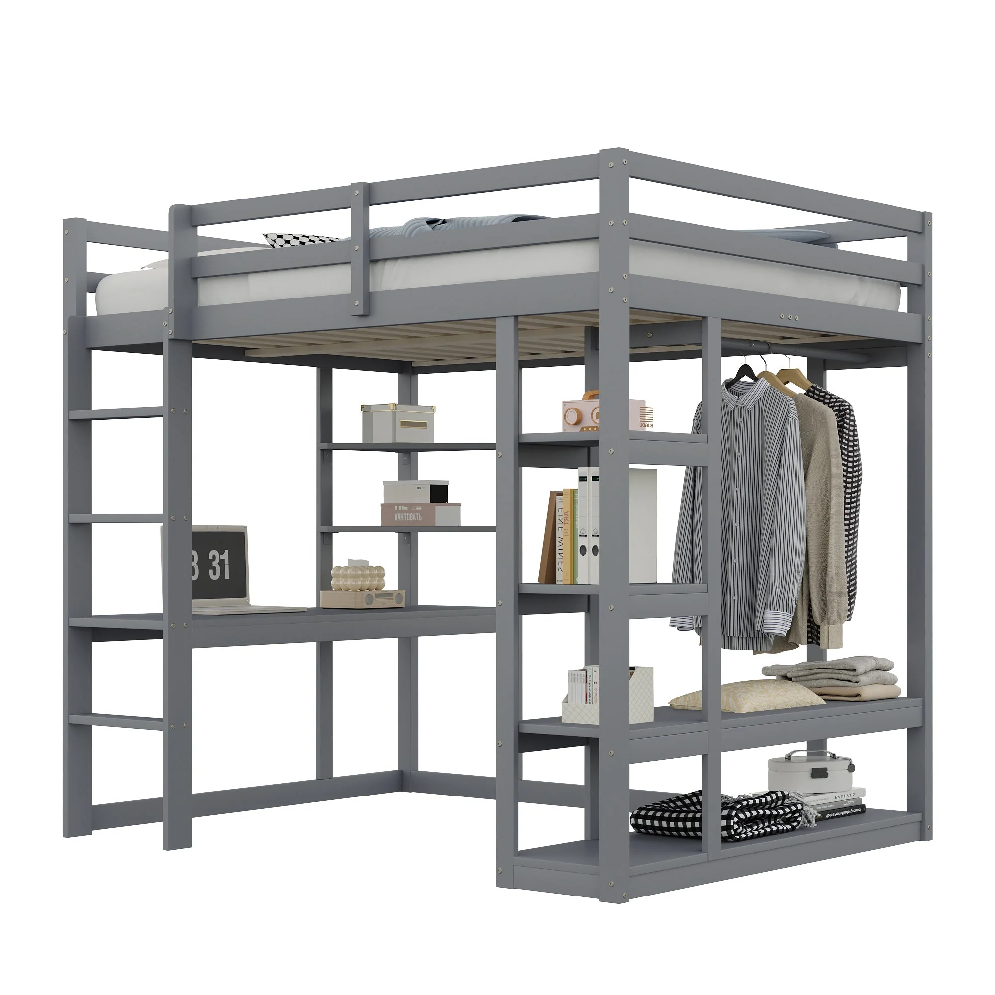 Loft Bed with Ladder, Table & Shelves, 140x200 cm, Solid Wood Grey - Image 9