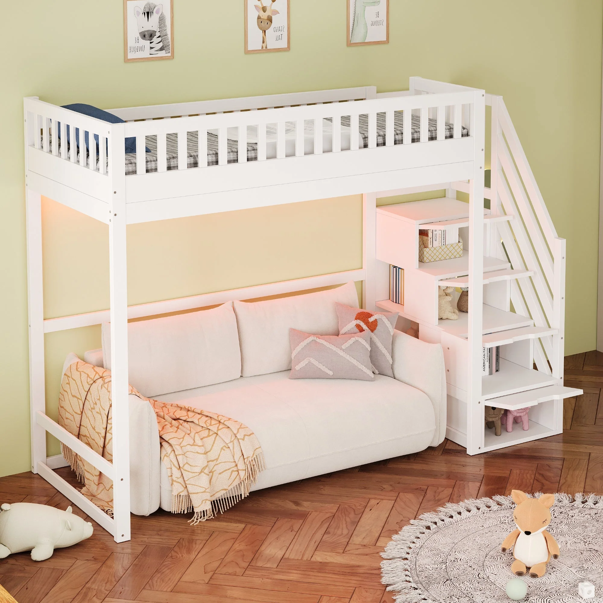 Loft Bed with LED Light Strip and Interchangeable Safety Ladders, 90x200cm, White Solid Pine Wood - Image 5