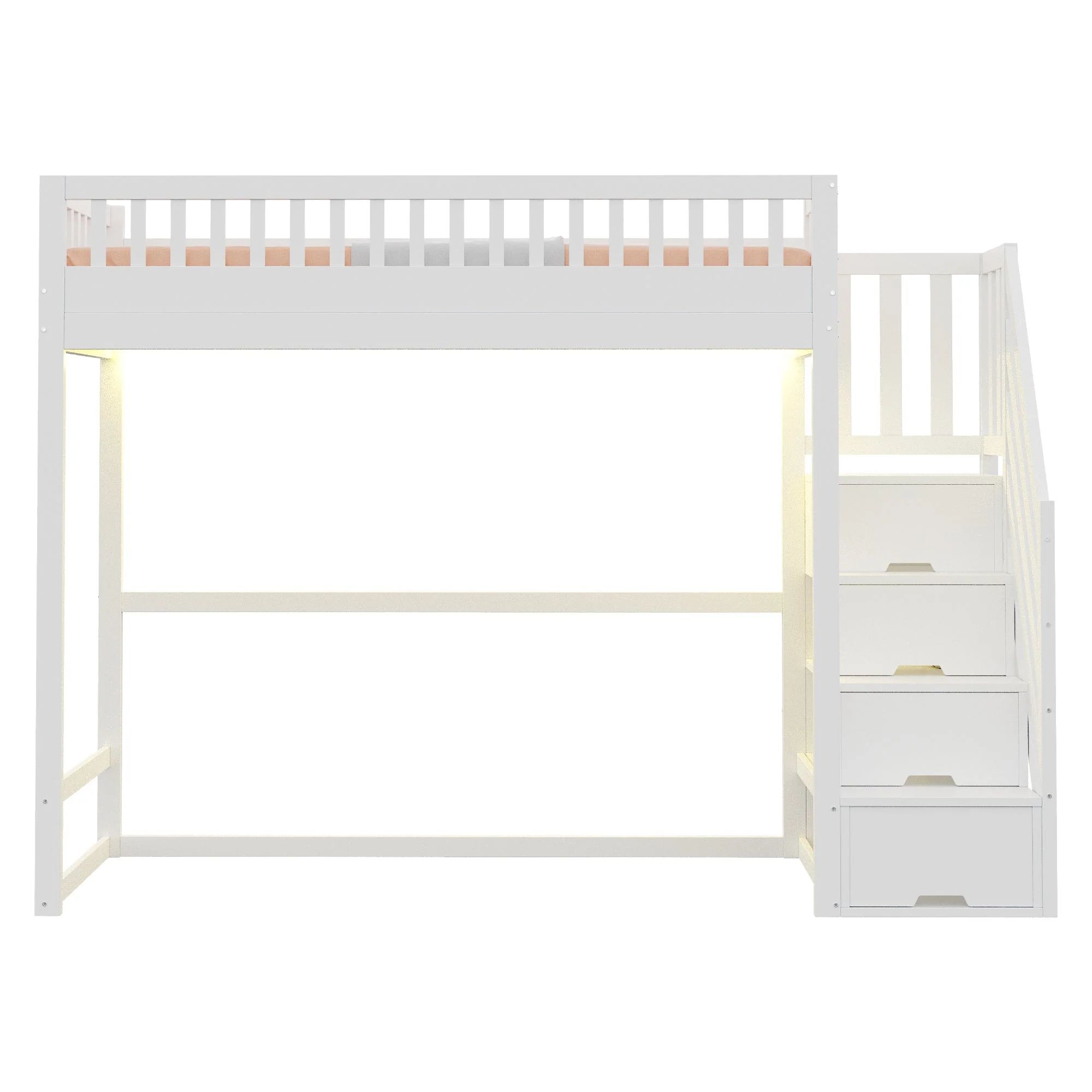 Loft Bed with LED Light Strip and Interchangeable Safety Ladders, 90x200cm, White Solid Pine Wood - Image 8