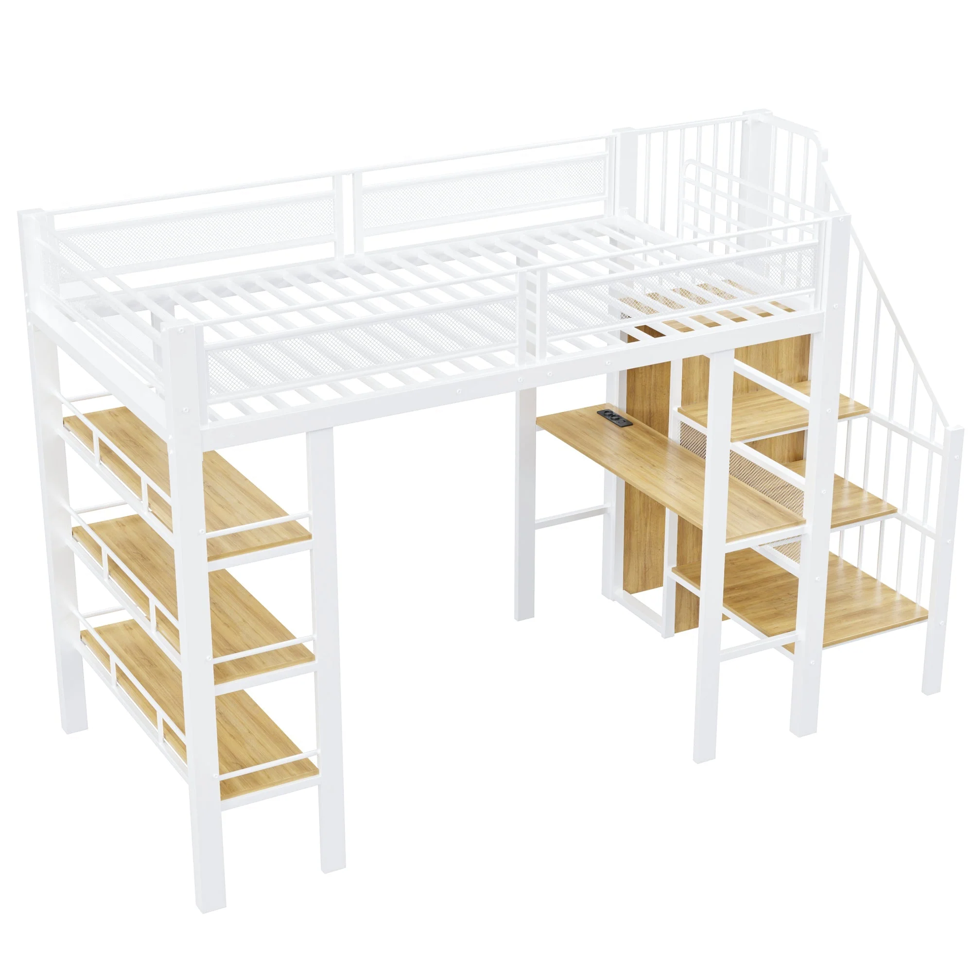 Loft Bed with LED Light Strip, Desk and Storage Shelves, White Metal - Image 7