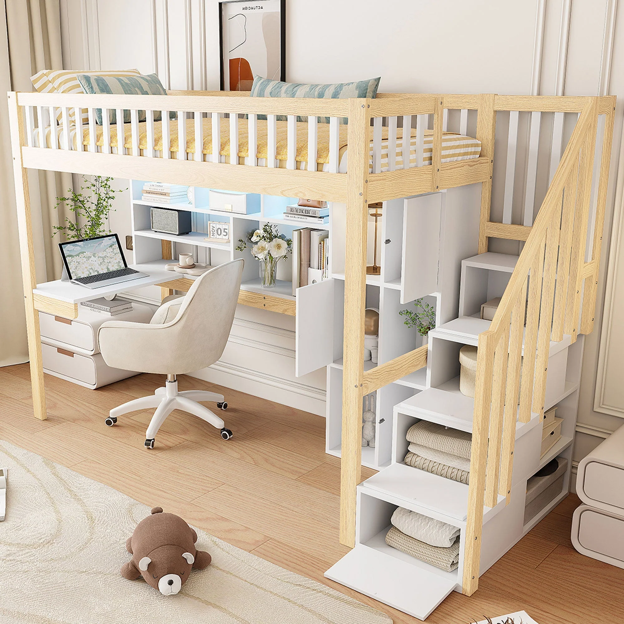 Loft Bed with LED Lights, Desk, Shelves and Storage Ladder, 90x200cm, White and Natural Wood - Image 3