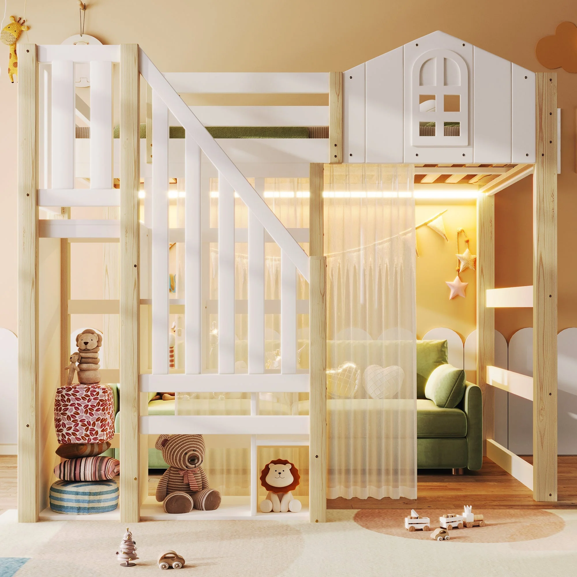Loft Bed with LED Lights, Window Design and Storage Ladder, White and Natural - Image 2