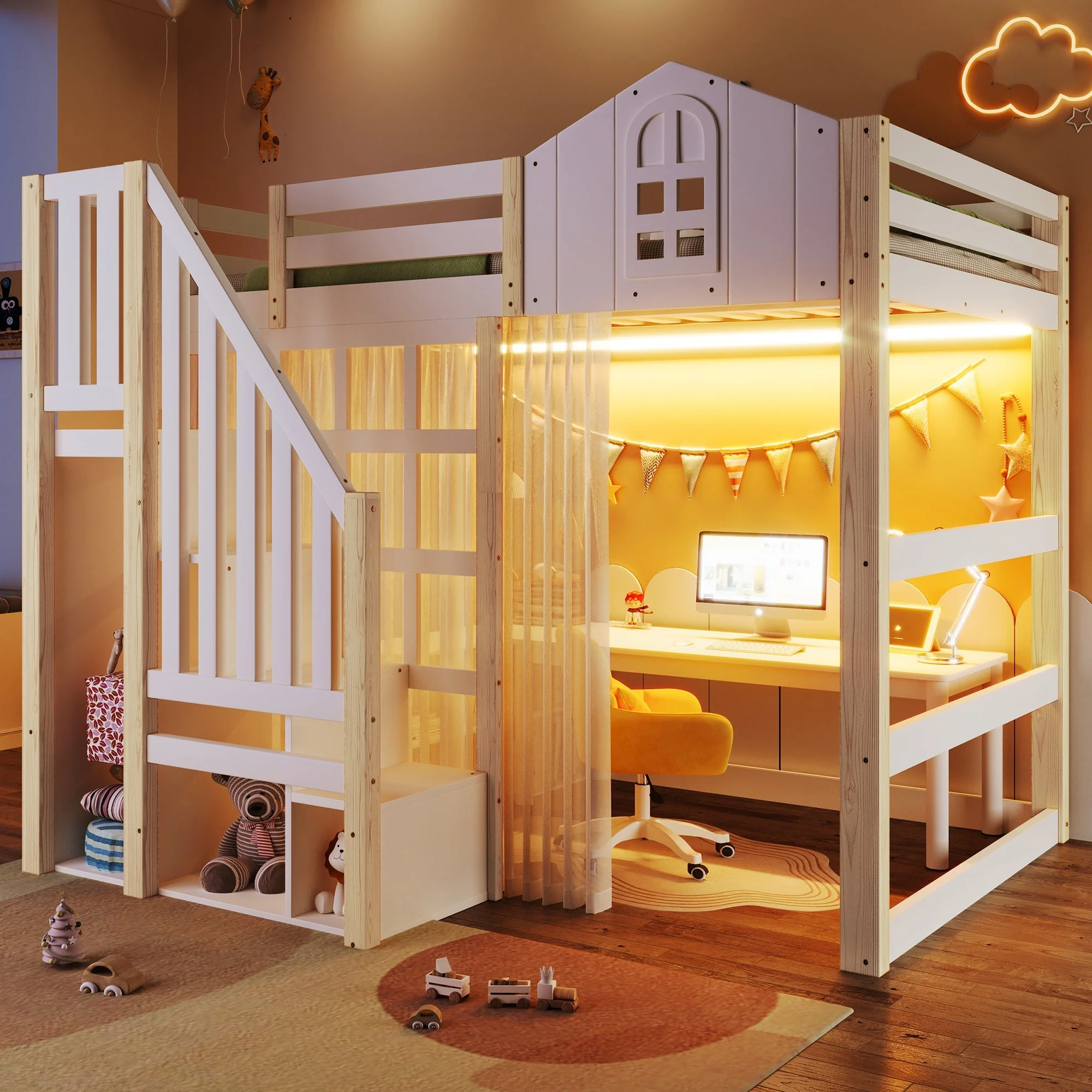 Loft Bed with LED Lights, Window Design and Storage Ladder, White and Natural - Image 3