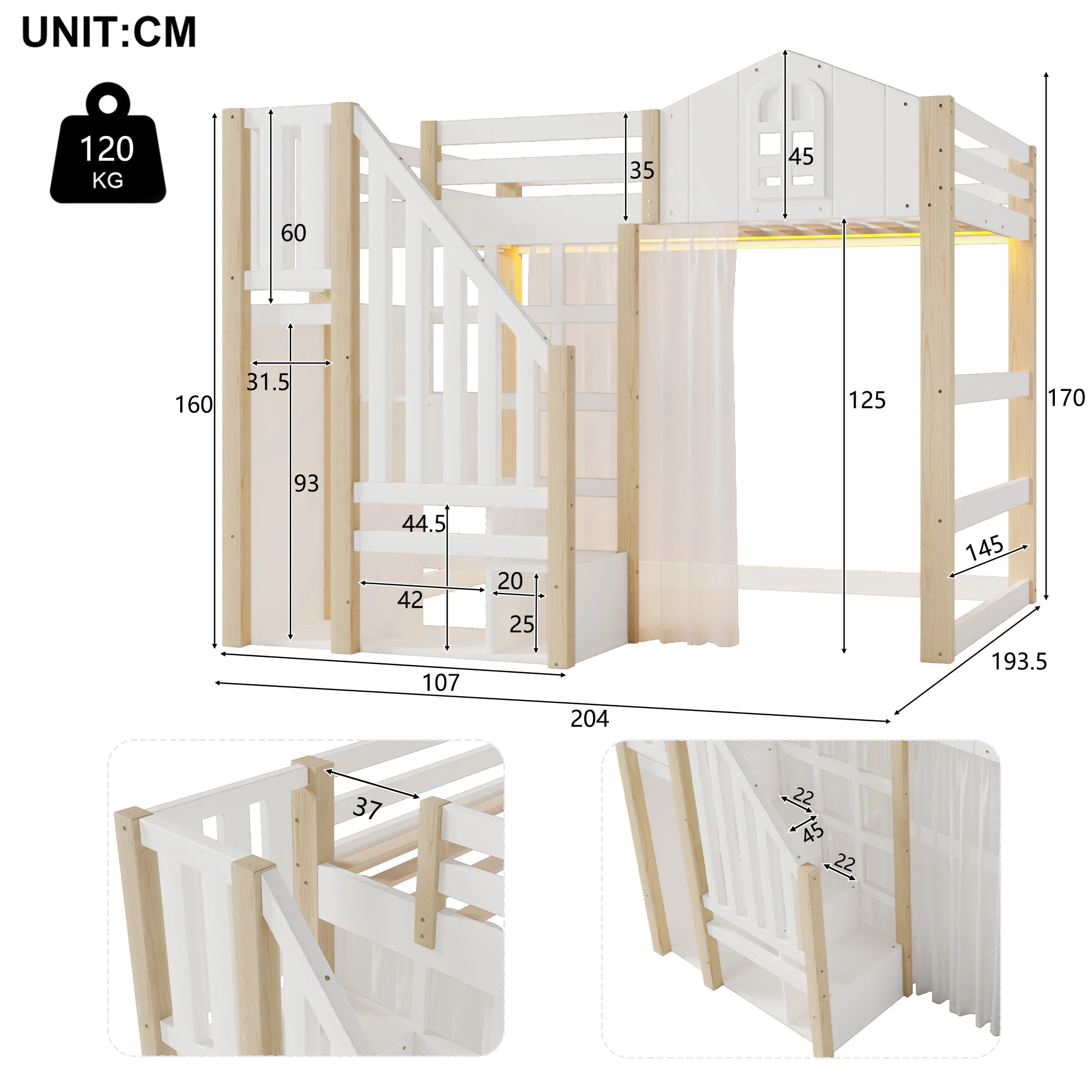Loft Bed with LED Lights, Window Design and Storage Ladder, White and Natural - Image 8
