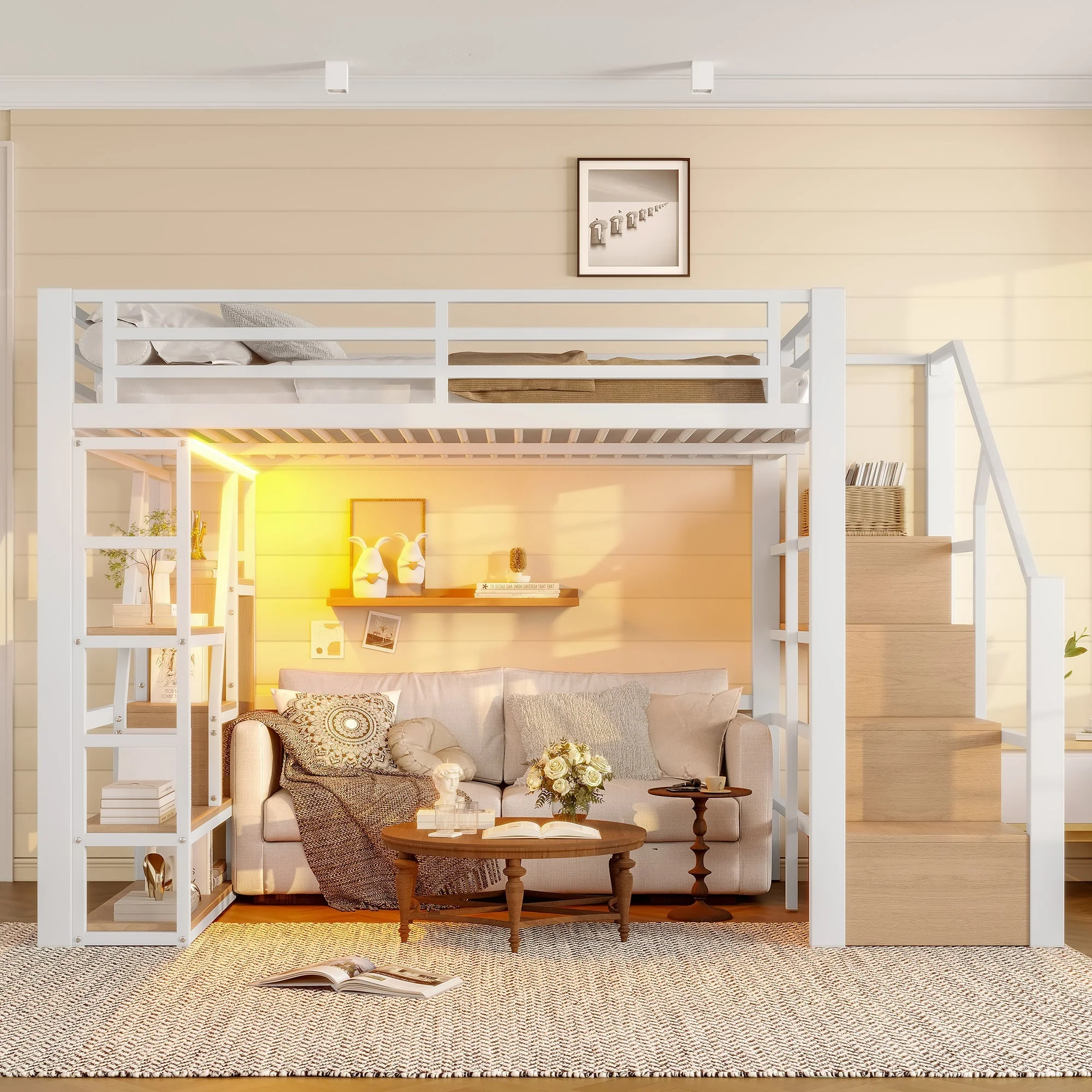Loft Bed with LED, Storage Compartment and Integrated Steps, 140x200cm, White Iron Frame - Image 5