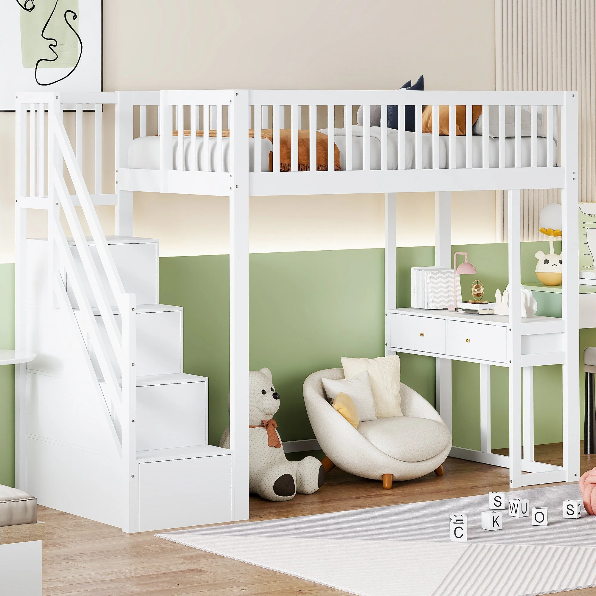 Loft Bed with Multifunctional Table and Storage Stairs, 90x200cm, White Pine Wood - Image 2