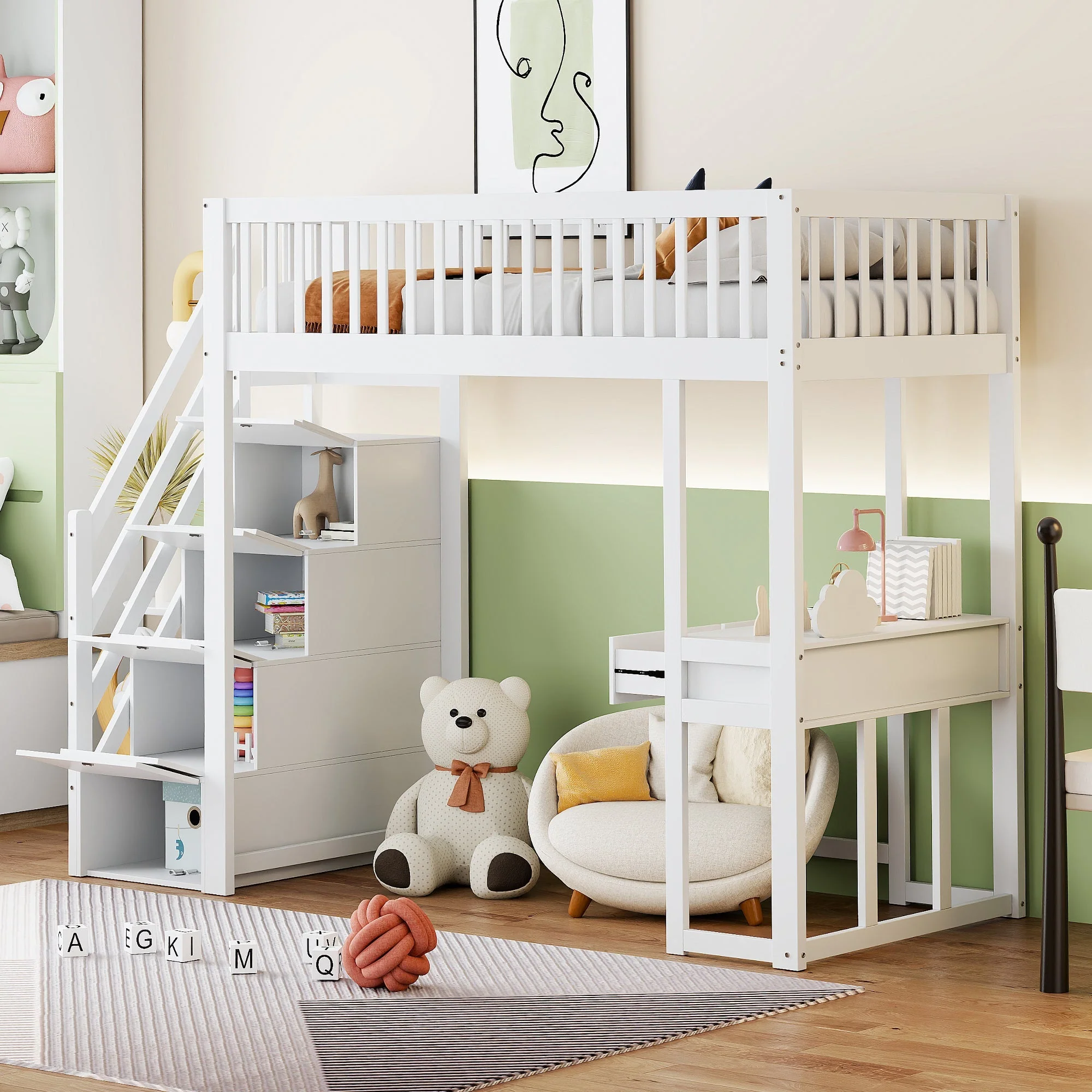 Loft Bed with Multifunctional Table and Storage Stairs, 90x200cm, White Pine Wood - Image 3