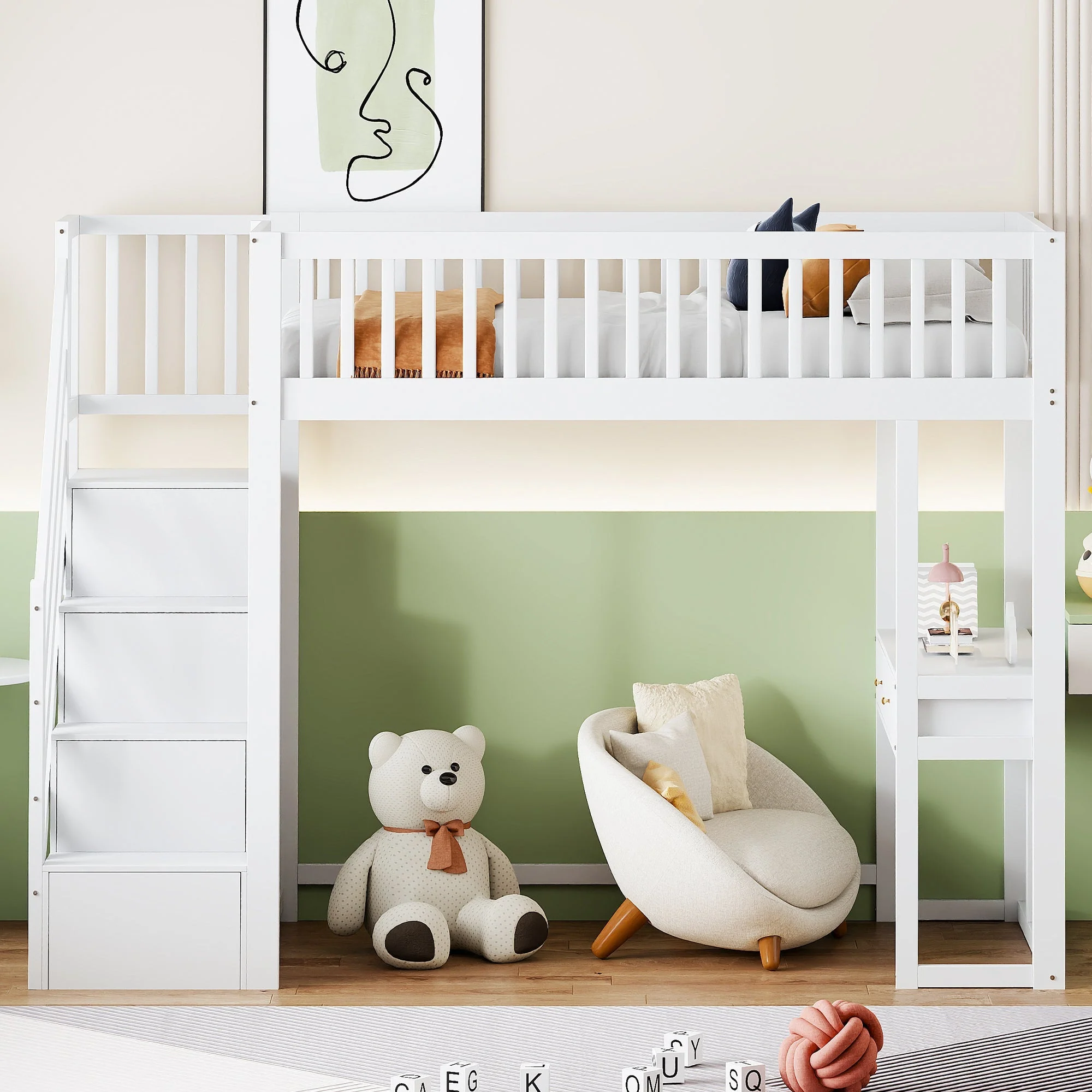 Loft Bed with Multifunctional Table and Storage Stairs, 90x200cm, White Pine Wood - Image 4