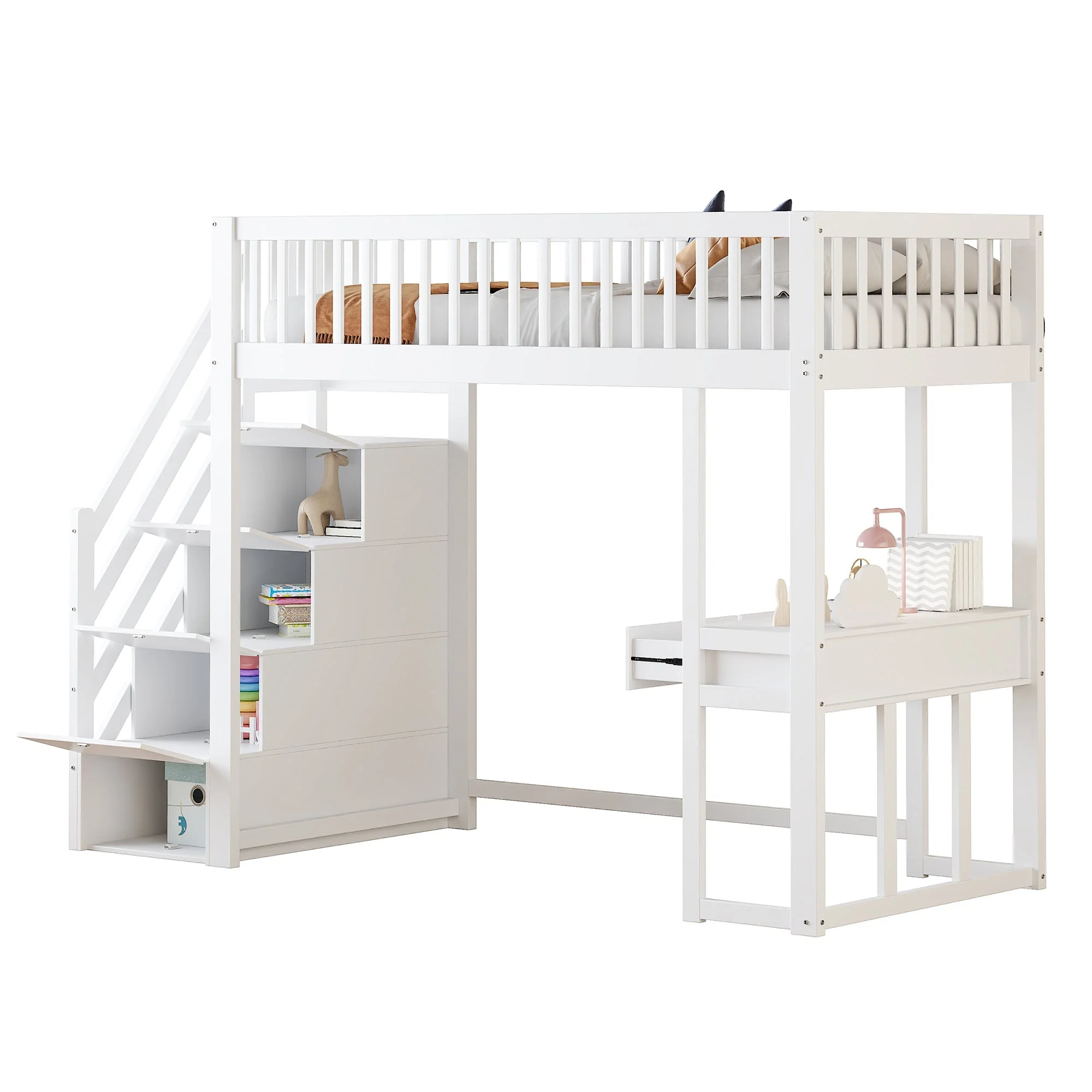 Loft Bed with Multifunctional Table and Storage Stairs, 90x200cm, White Pine Wood - Image 6