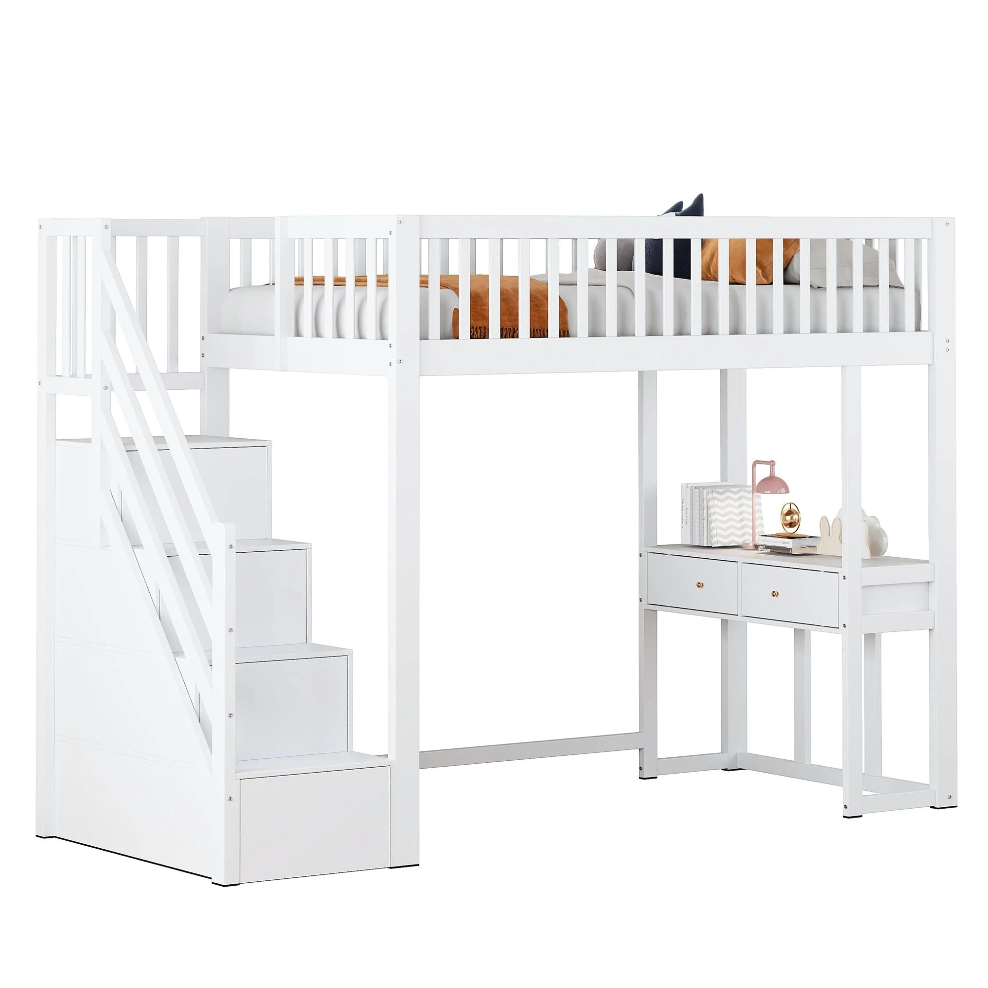 Loft Bed with Multifunctional Table and Storage Stairs, 90x200cm, White Pine Wood - Image 7