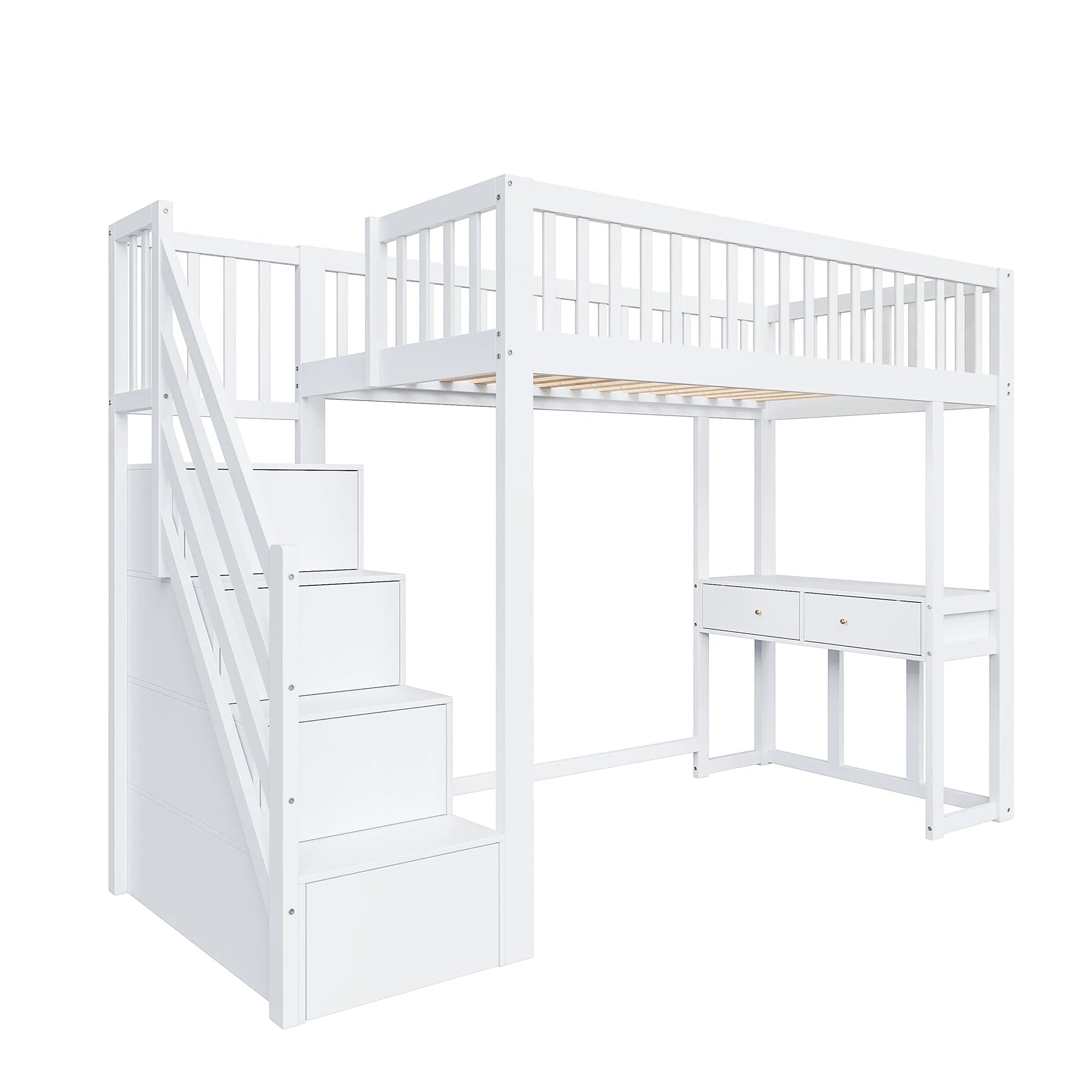 Loft Bed with Multifunctional Table and Storage Stairs, 90x200cm, White Pine Wood - Image 8