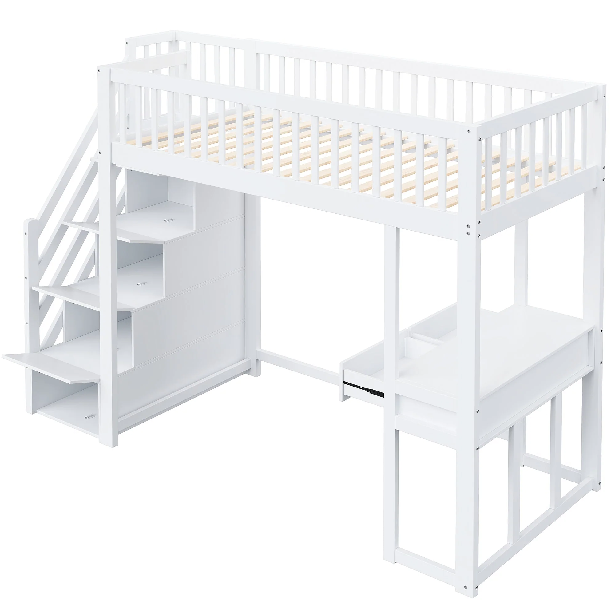 Loft Bed with Multifunctional Table and Storage Stairs, 90x200cm, White Pine Wood - Image 9