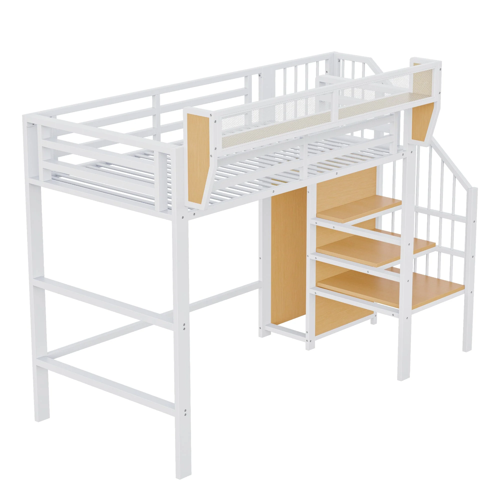 Loft Bed with Safety Ladder and Flexible Storage, 90x200cm, White Metal - Image 2