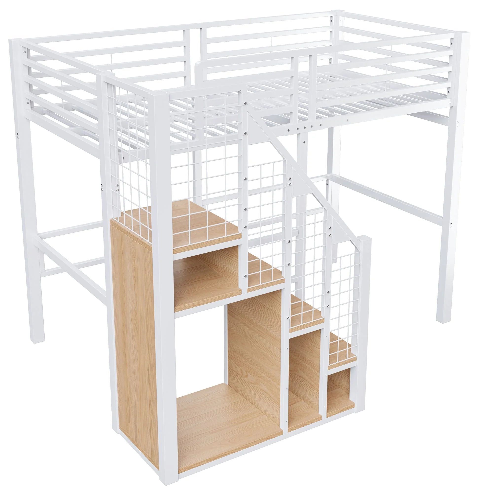Loft Bed with Safety Ladder and Storage Area, 90x200cm, White Iron Frame - Image 2