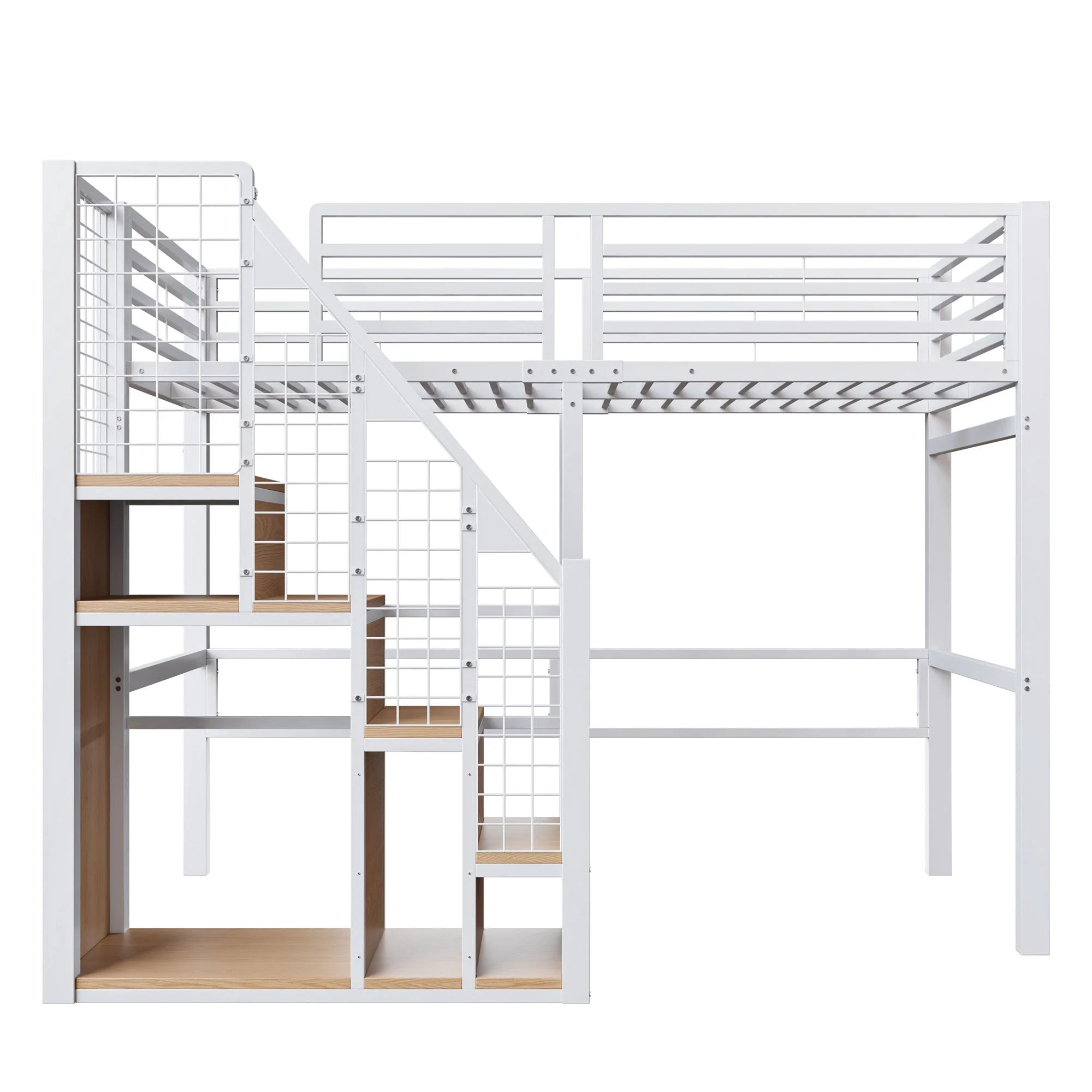 Loft Bed with Safety Ladder and Storage Area, 90x200cm, White Iron Frame - Image 4