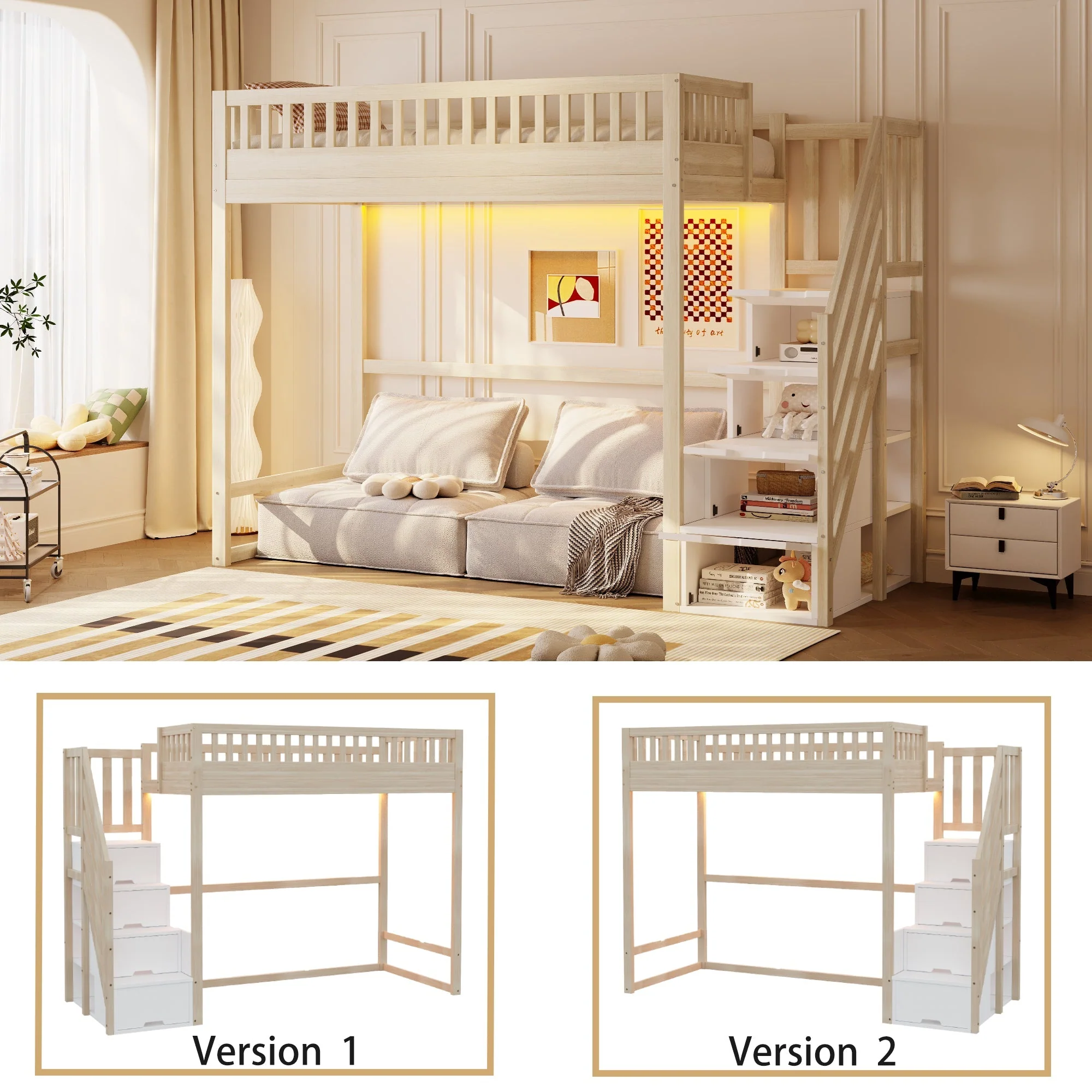 Loft Bed with Safety Railing, LED Light Strip and Interchangeable Ladder, 90x200cm, Natural Pine Wood - Image 2