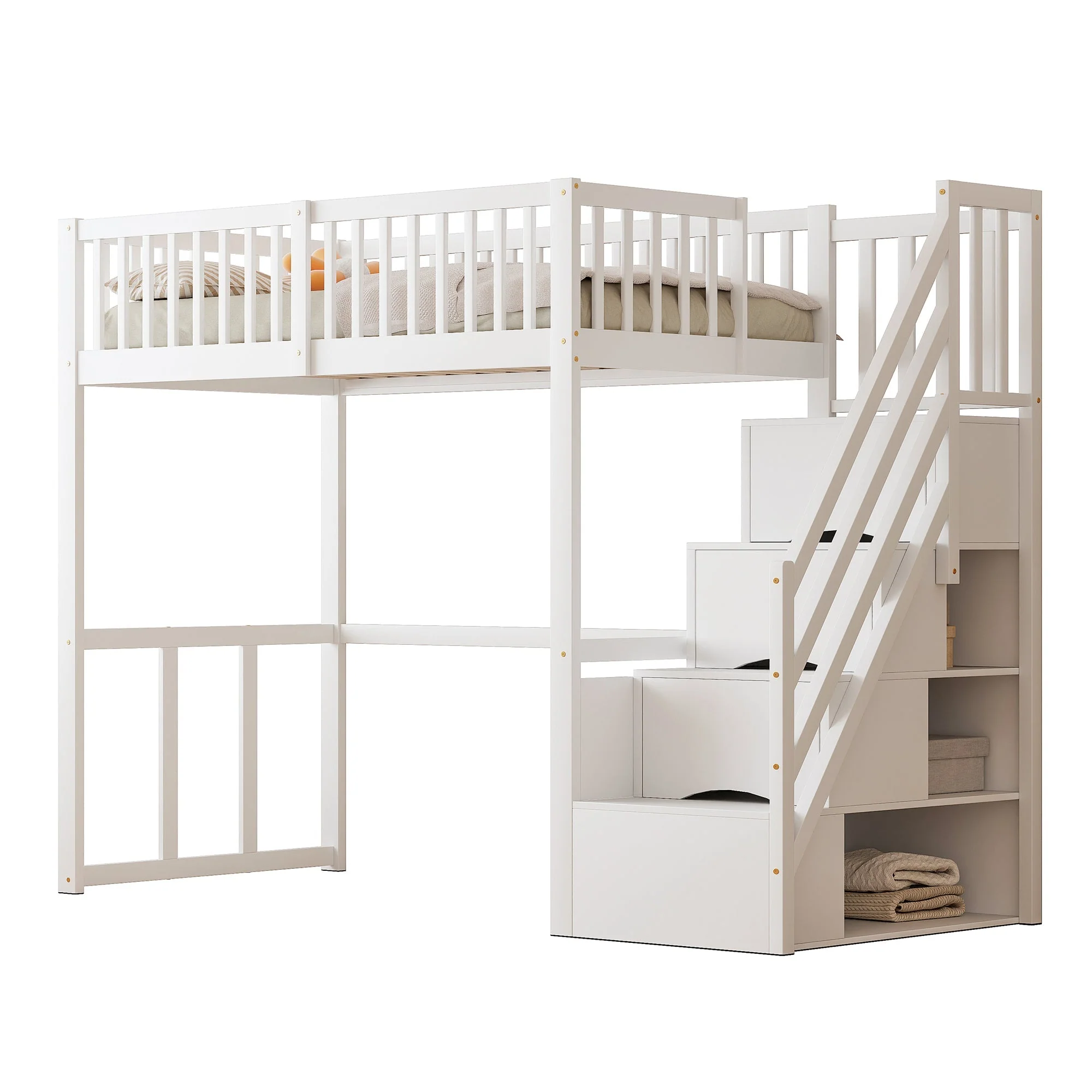 Loft Bed with Safety Storage Ladder, 90x200cm, White Solid Pine Wood - Image 7