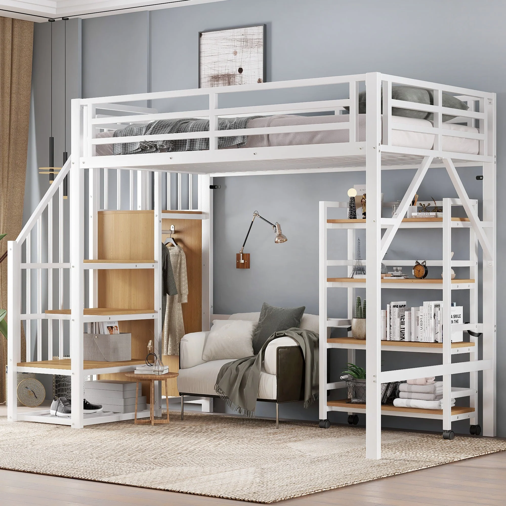 Loft Bed with Shelf, Wardrobe, Safety Railing, Iron + MDF, White/Natural 90x200cm - Image 2