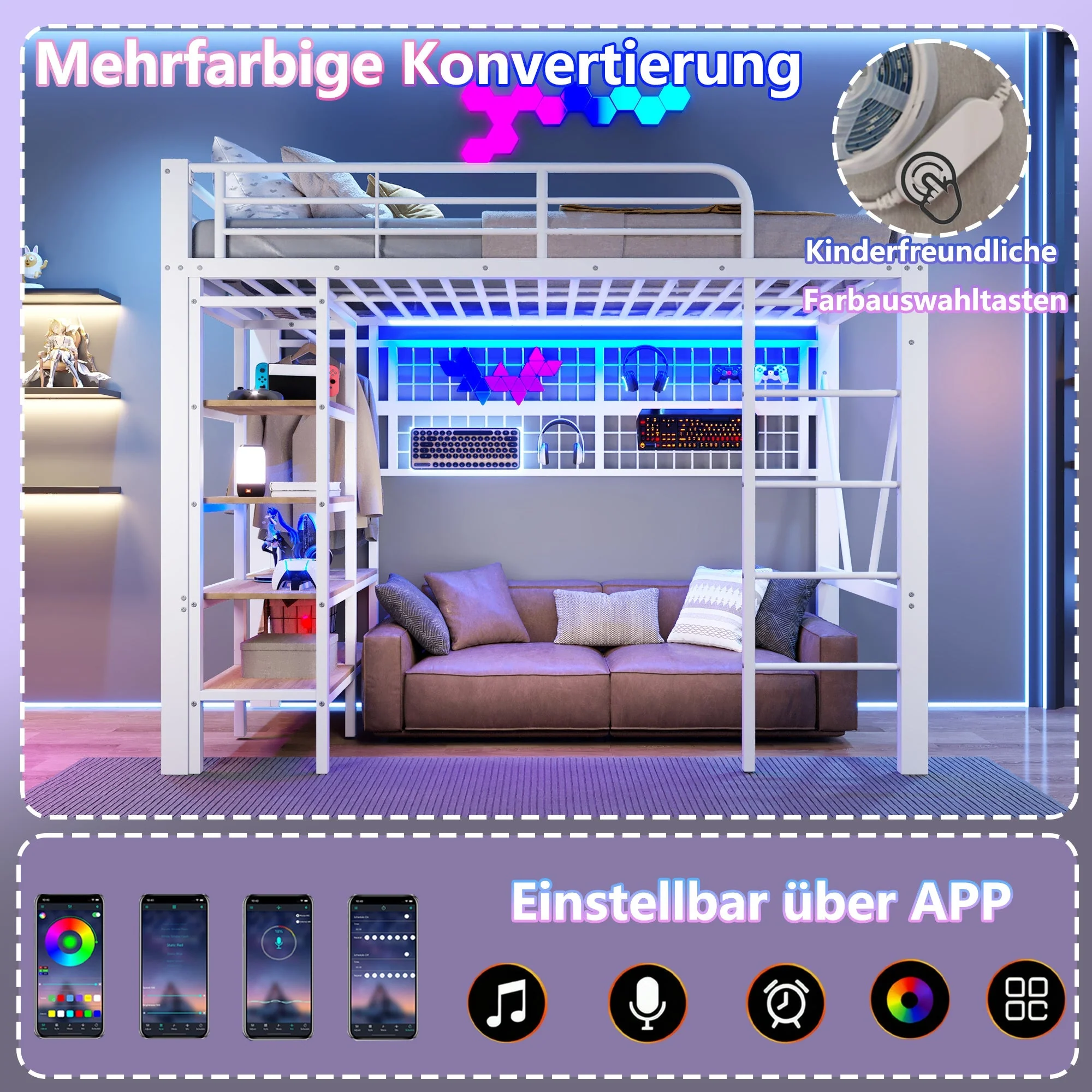 Loft Bed with Storage Compartment, LED Light Strip and Clothes Rail, White Iron Frame - Image 2