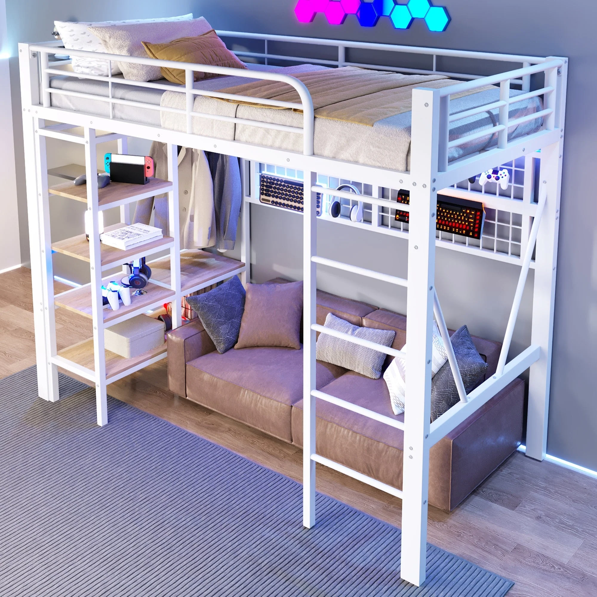 Loft Bed with Storage Compartment, LED Light Strip and Clothes Rail, White Iron Frame - Image 8