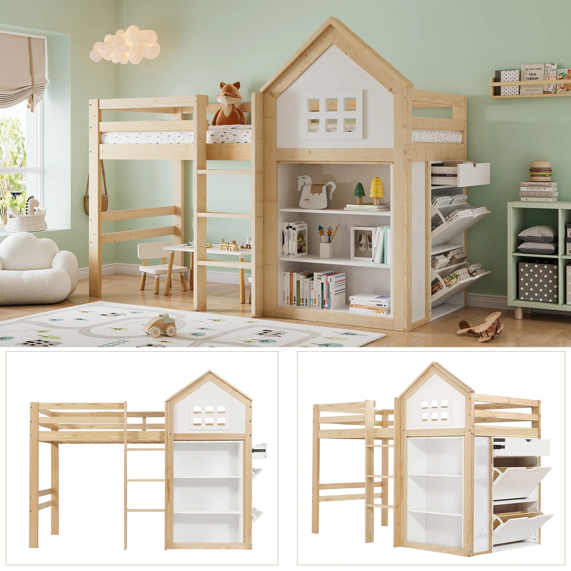 Loft Bed with Storage Compartments, Drawers, Steps and Safety Railing, 90x200cm, White and Natural Pine + MDF + Plywood - Image 6