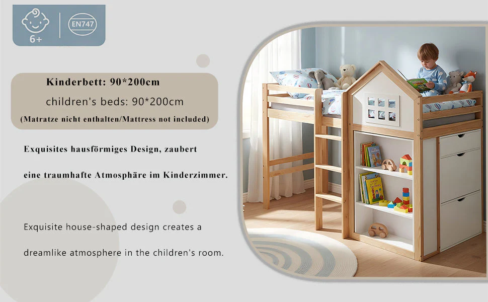 Loft Bed with Storage Compartments, Drawers, Steps and Safety Railing, 90x200cm, White and Natural Pine + MDF + Plywood - Image 8