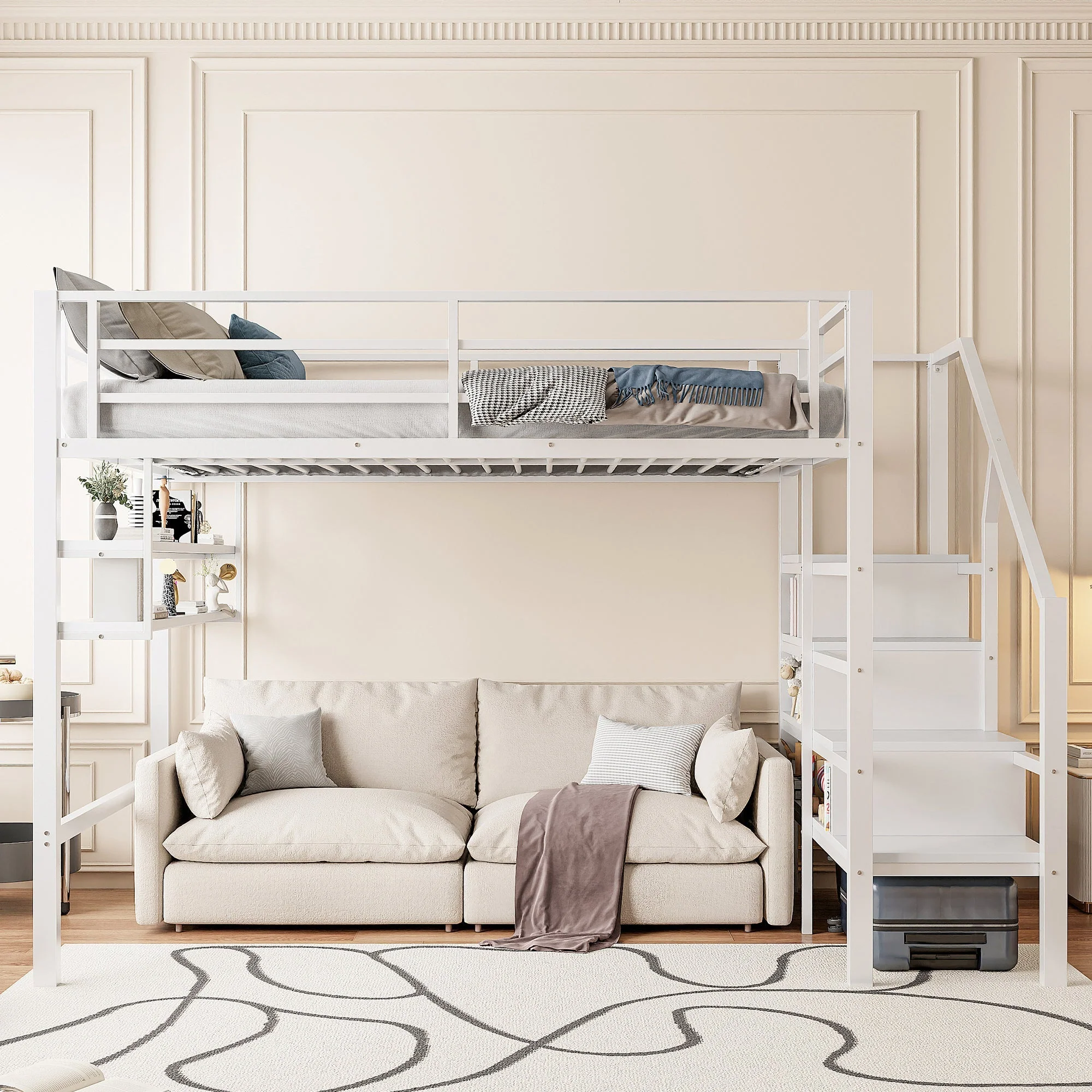 Loft Bed with Storage Ladder and Shelves, 140x200cm, White - Image 3