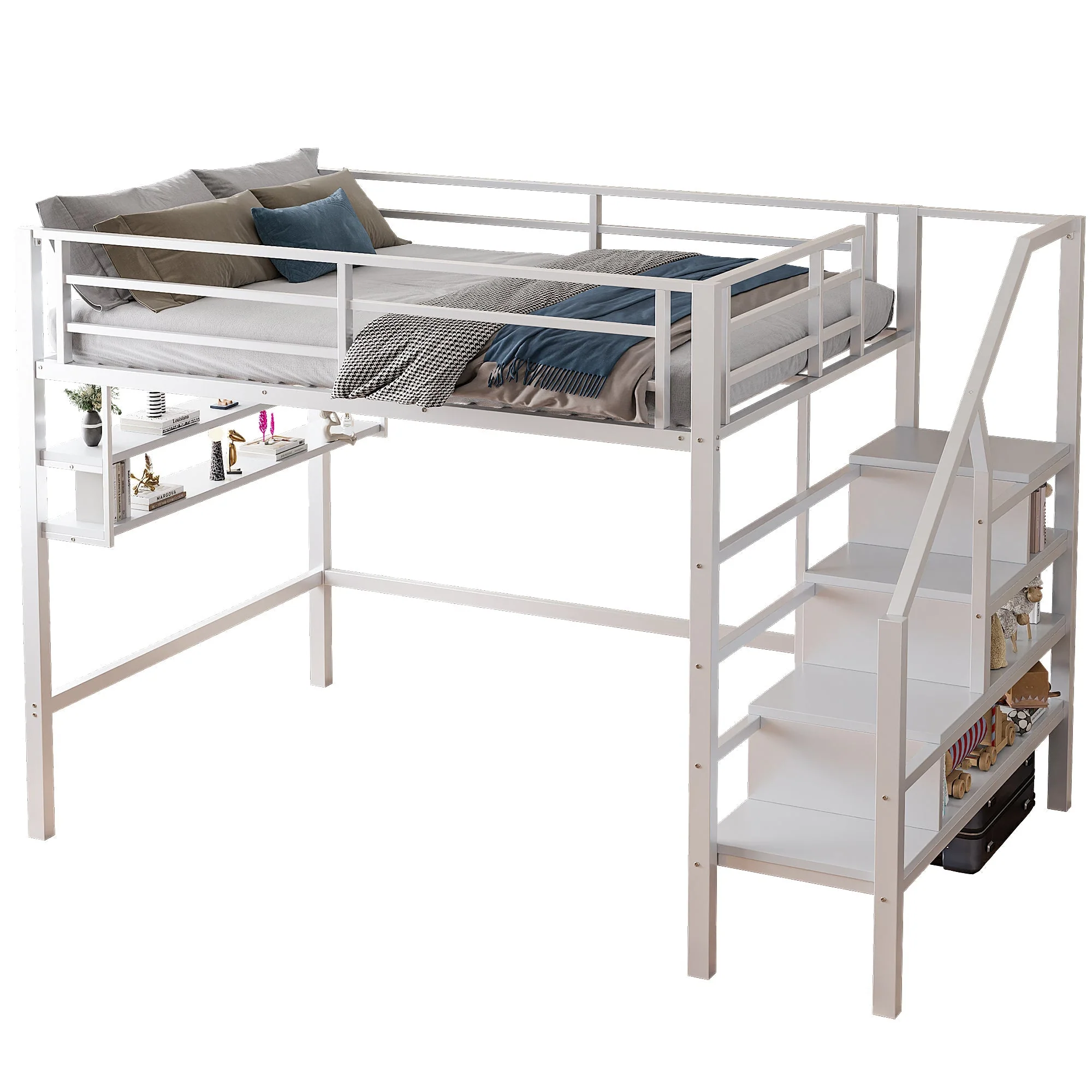 Loft Bed with Storage Ladder and Shelves, 140x200cm, White - Image 6