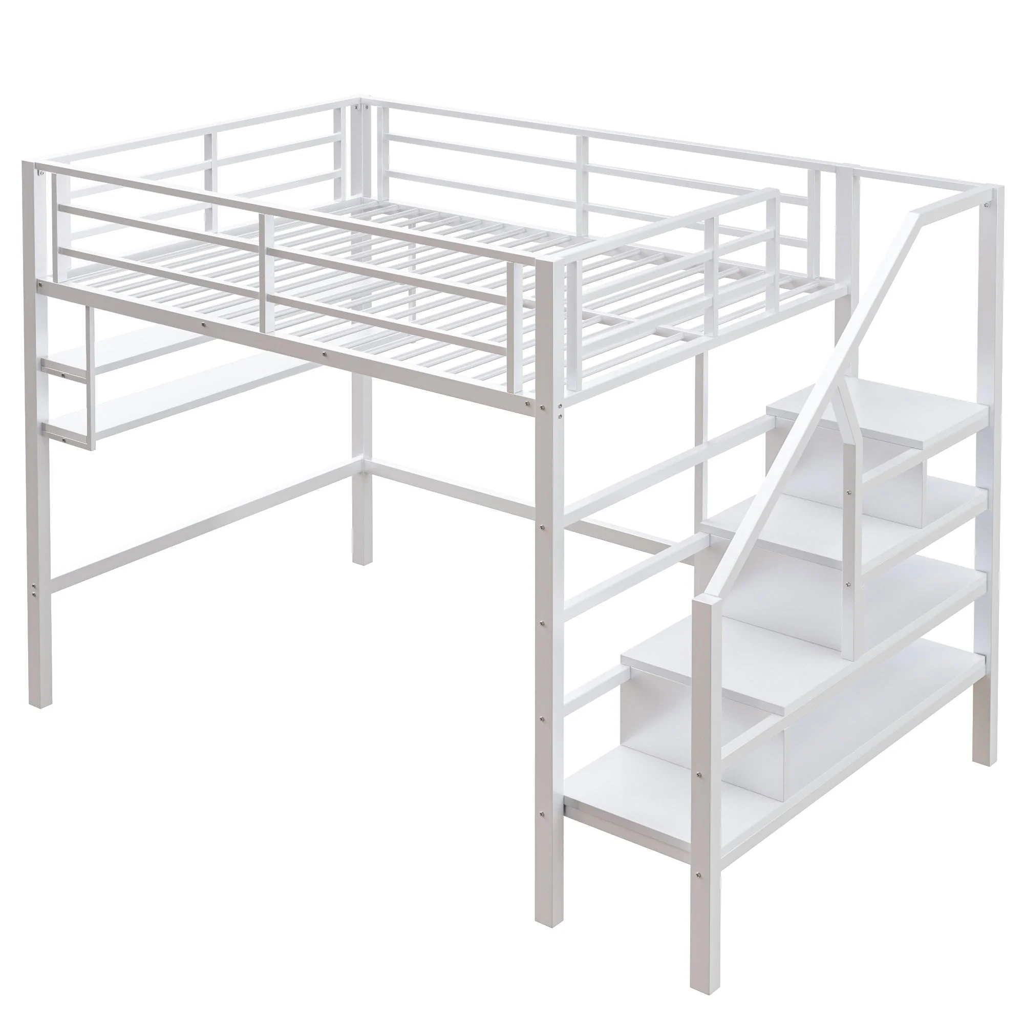 Loft Bed with Storage Ladder and Shelves, 140x200cm, White - Image 8