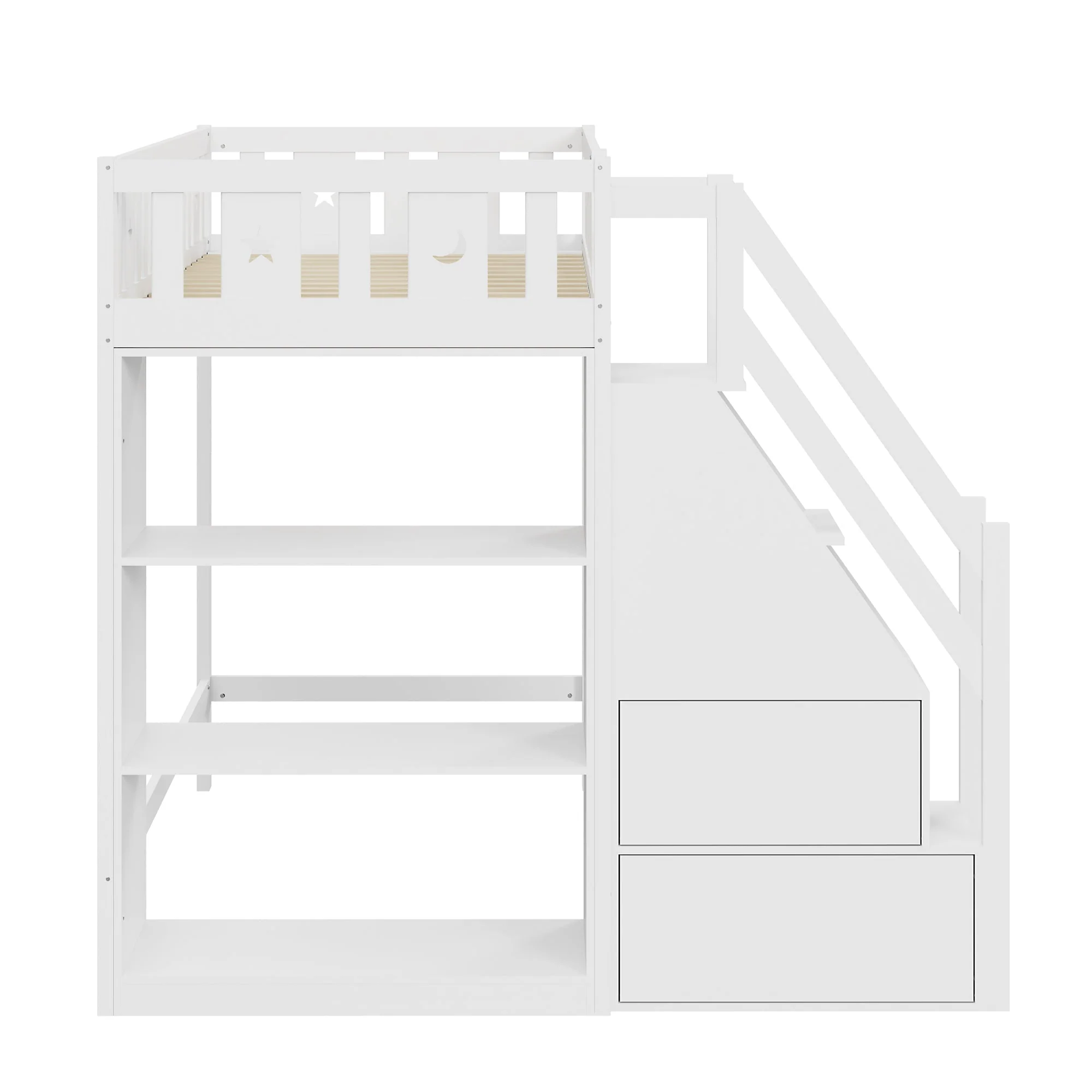 Loft Bed with Storage Ladder & Shelves, Single Wooden, Solid Wood Frame, White - Image 4