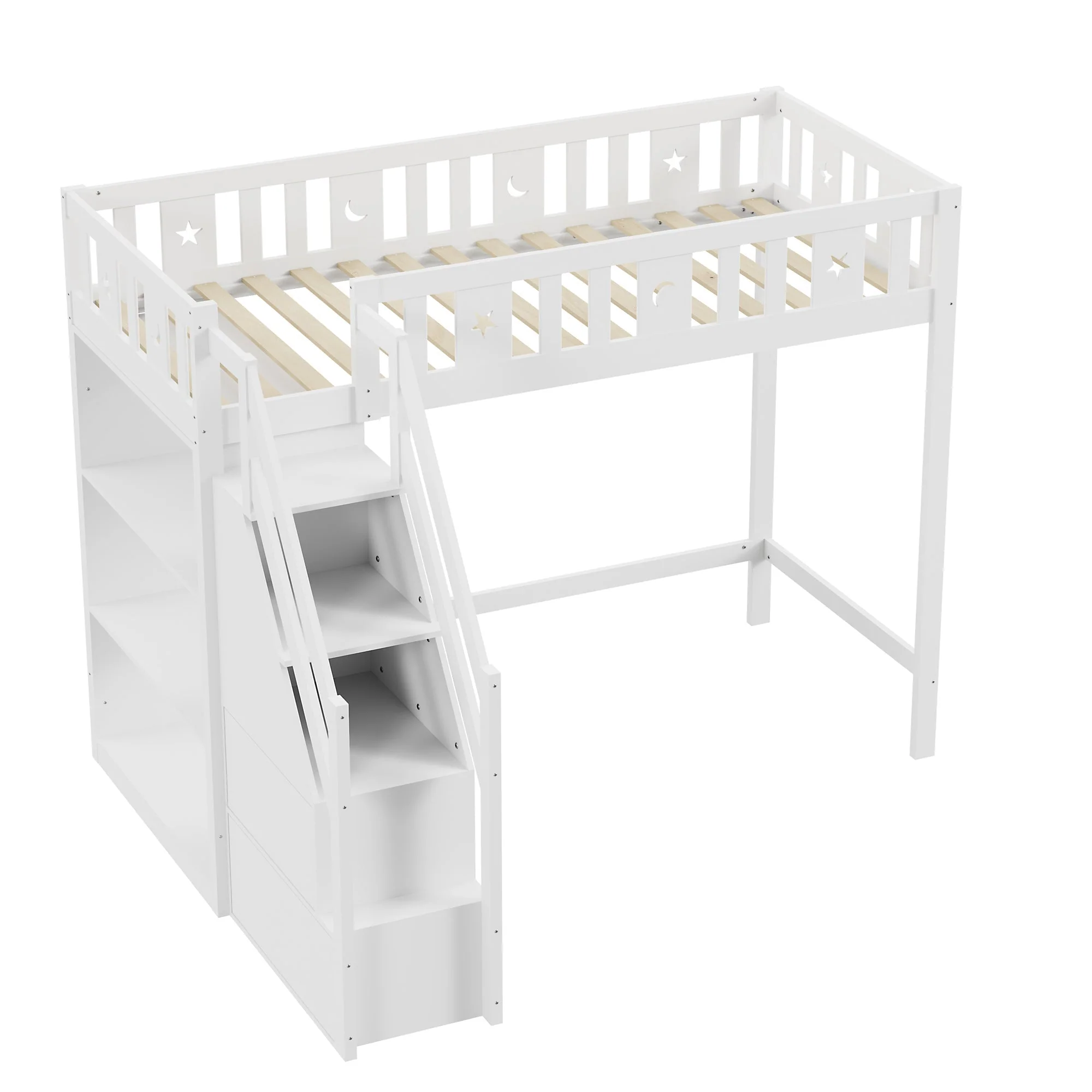 Loft Bed with Storage Ladder & Shelves, Single Wooden, Solid Wood Frame, White - Image 7