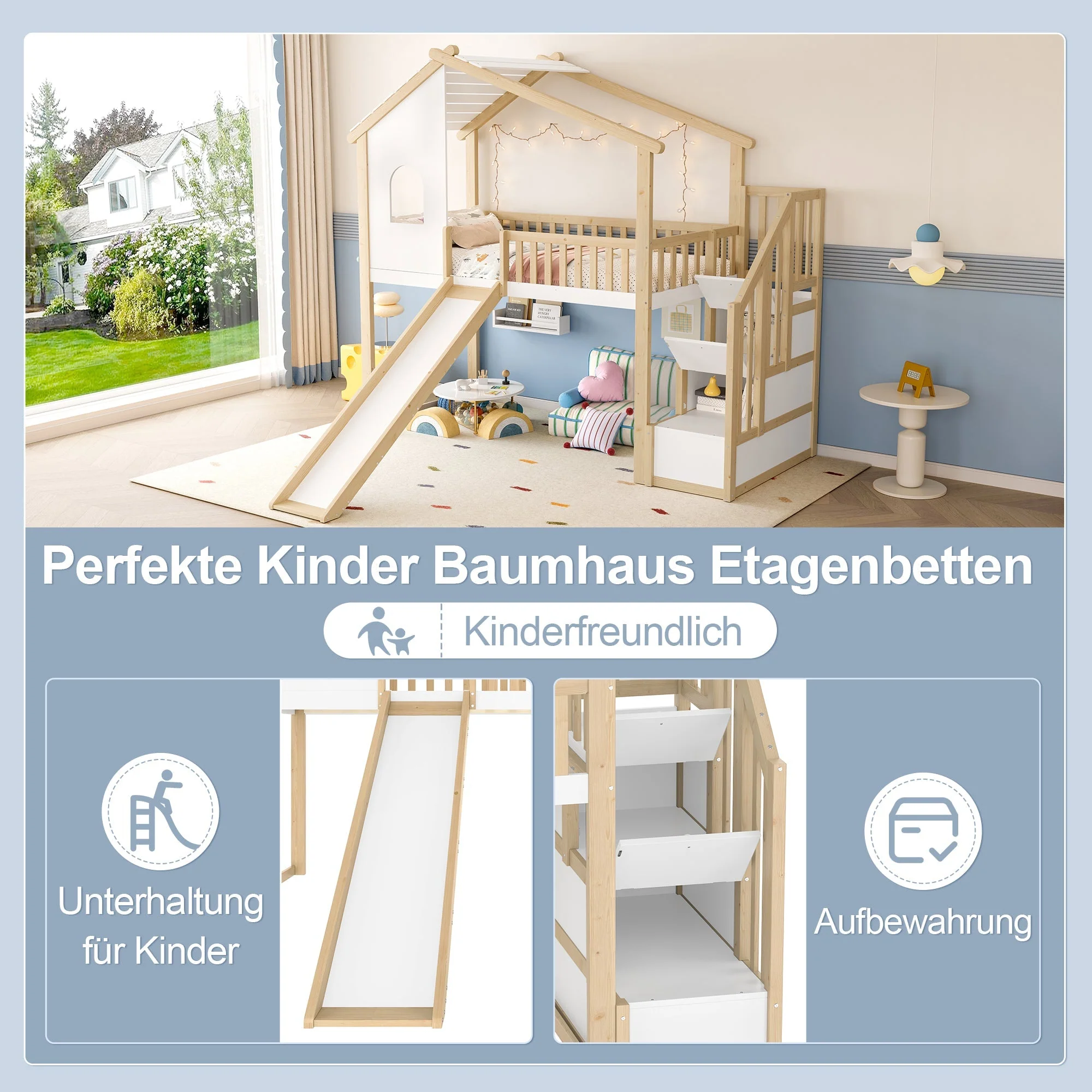 Loft Bed with Storage Ladder, Slide and Window, Natural and White - Image 7