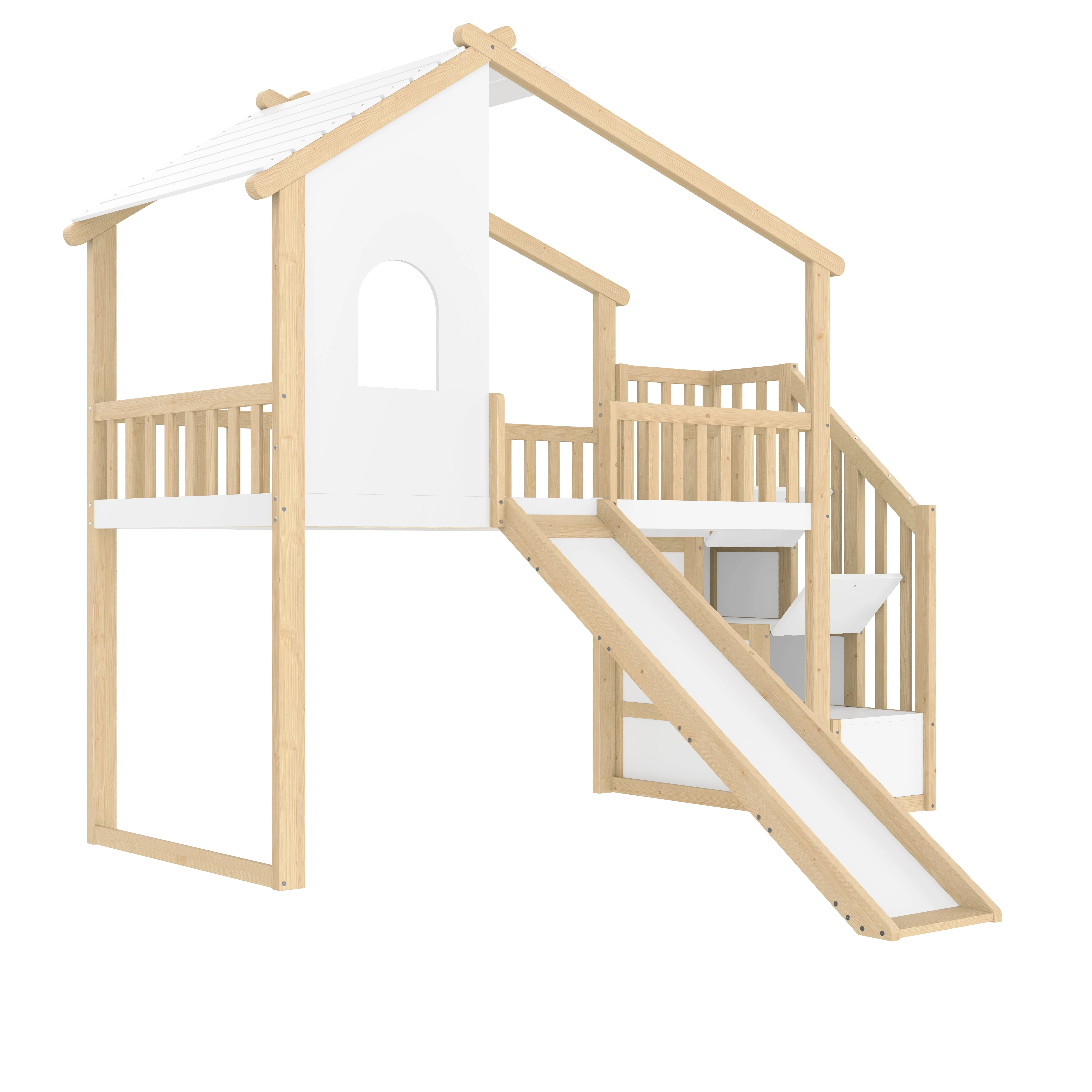 Loft Bed with Storage Ladder, Slide and Window, Natural and White - Image 9