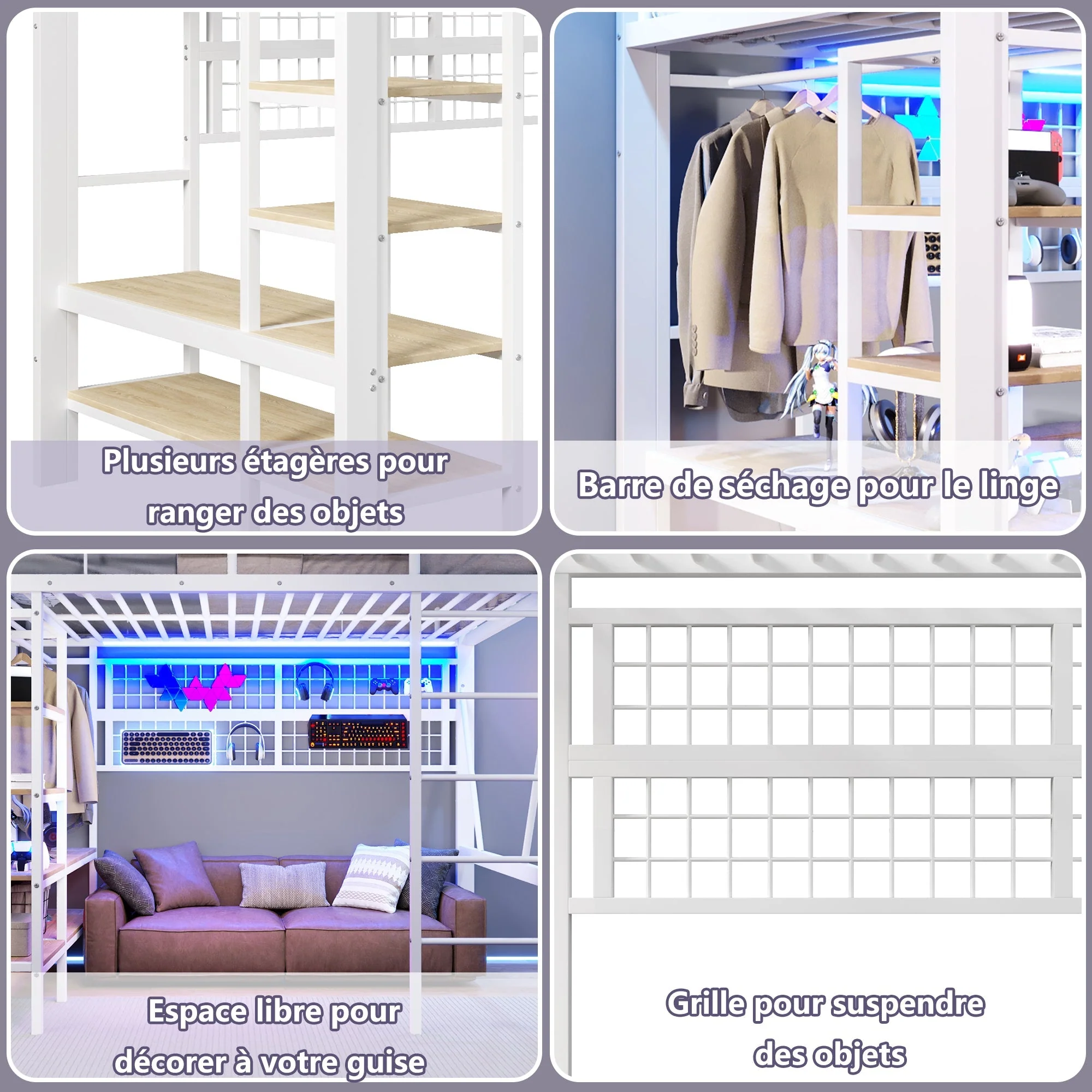 Loft Bed with Storage, LED Light and Clothes Rail, 140 x 200 cm, White Iron Frame - Image 4